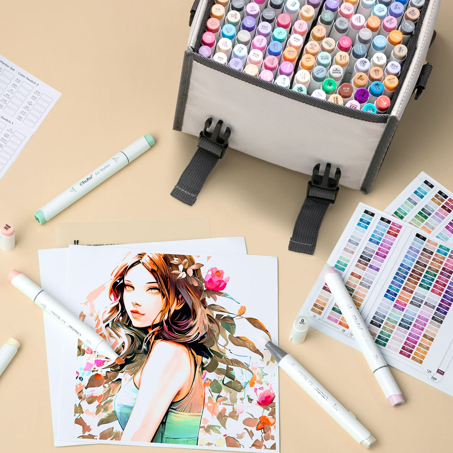 Ohuhu 120 Color Brush &#x26; Chisel Dual Tip Alcohol-Based Art Marker Set