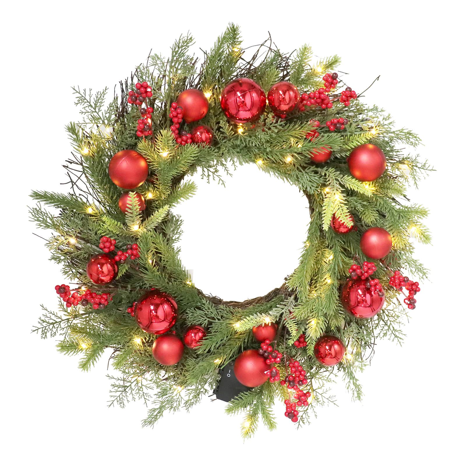 24&#x22; Pre-Lit Red Ornament &#x26; Berry Wreath by Ashland&#xAE;
