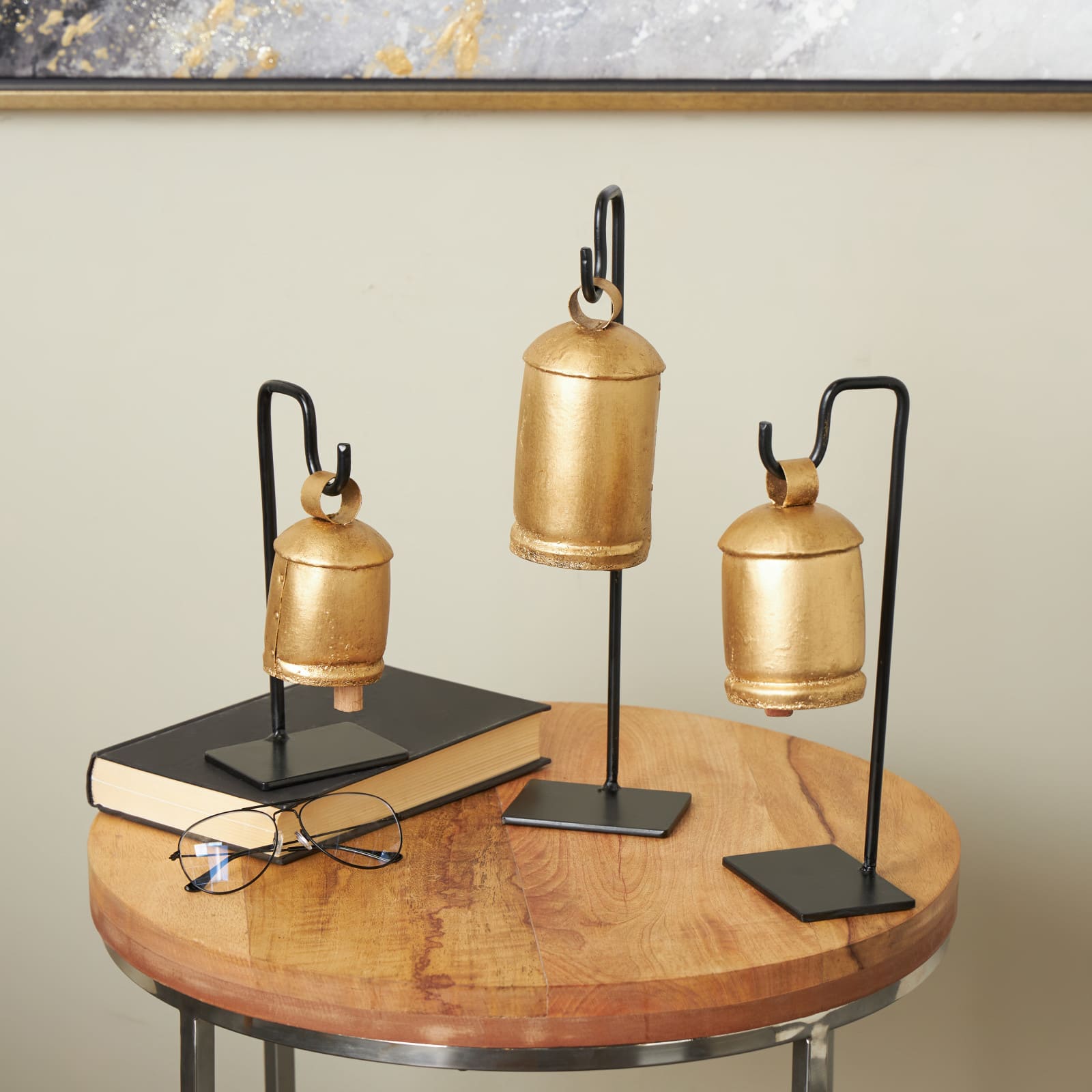 Gold Metal Decorative Cow Bells with Black Stand & Brown Wooden Clapper Set