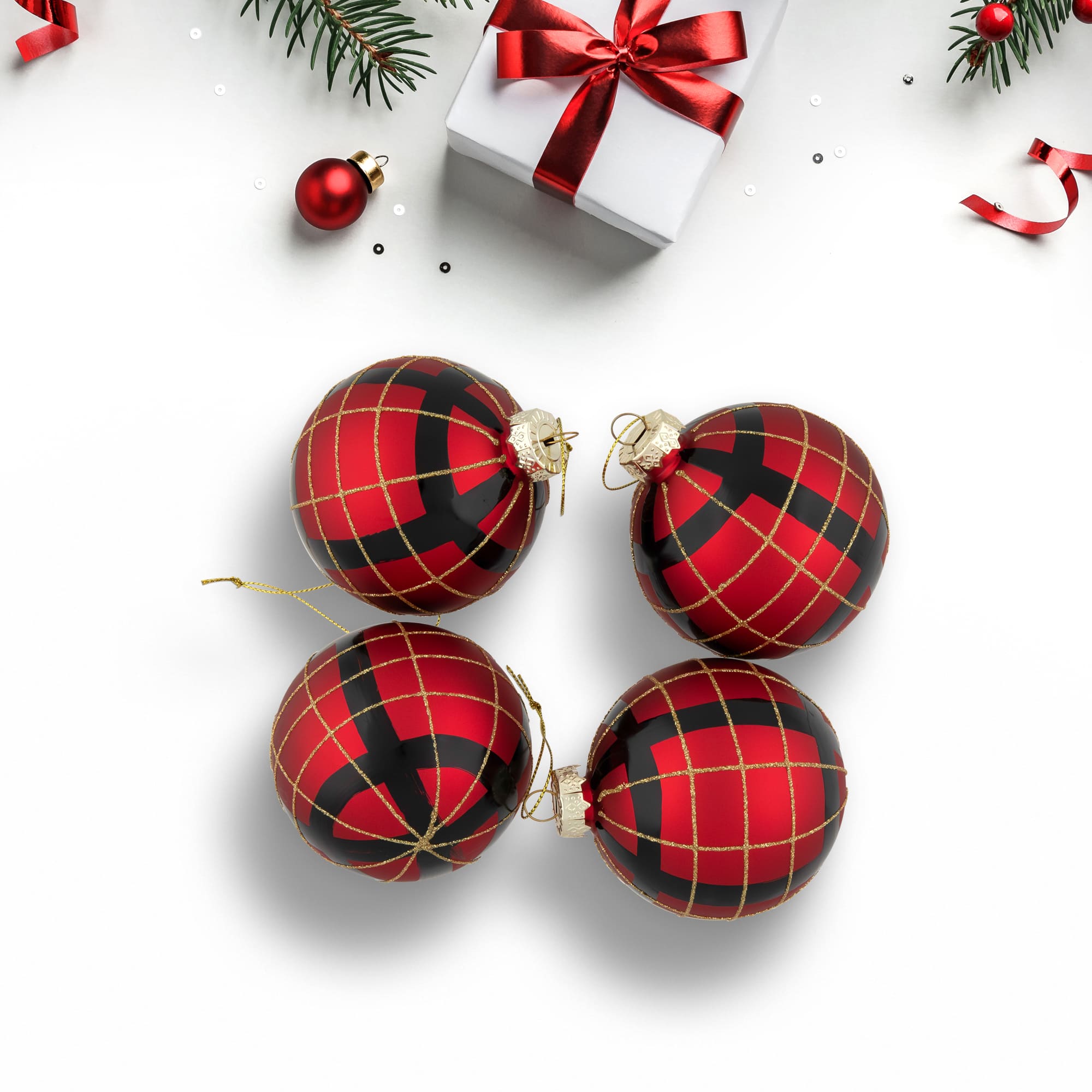 4ct. 3" Red, Black & Gold Plaid Glass Ball Ornaments