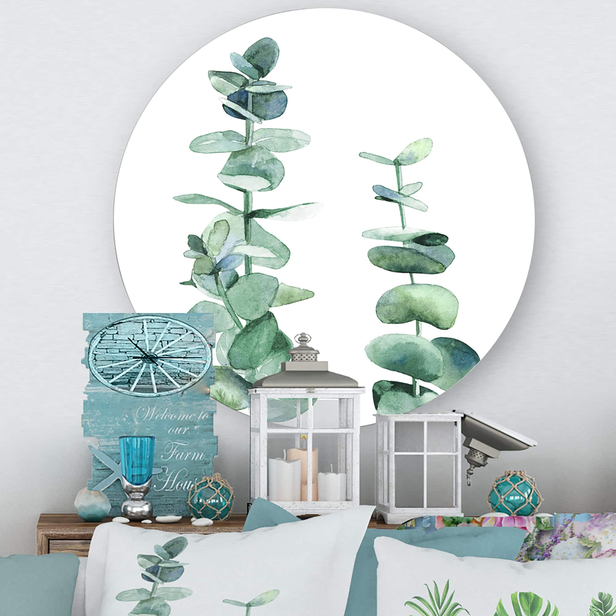 Designart - Silver Blue Eucalyptus Branch - Tropical Metal Circle Wall Art