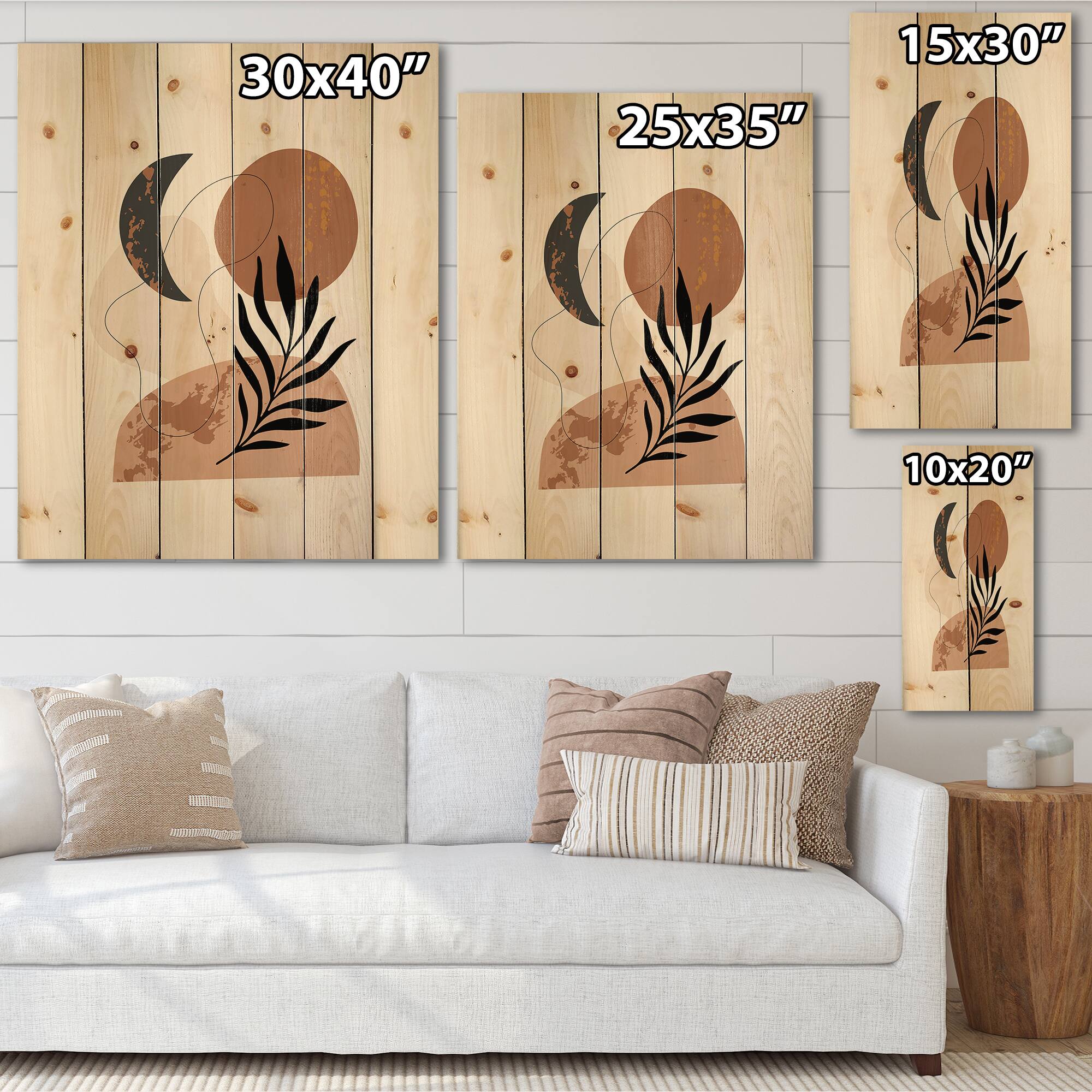 Designart - Moon &#x26; Sun Shapes In Retro Terracotta Tones I - Modern Print on Natural Pine Wood