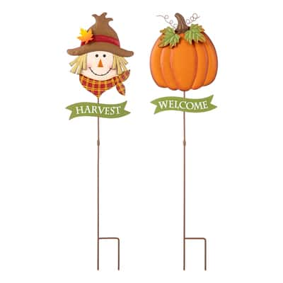 Glitzhome 3ft Fall Metal Scarecrow Pumpkin Yard Stake 2ct Michaels