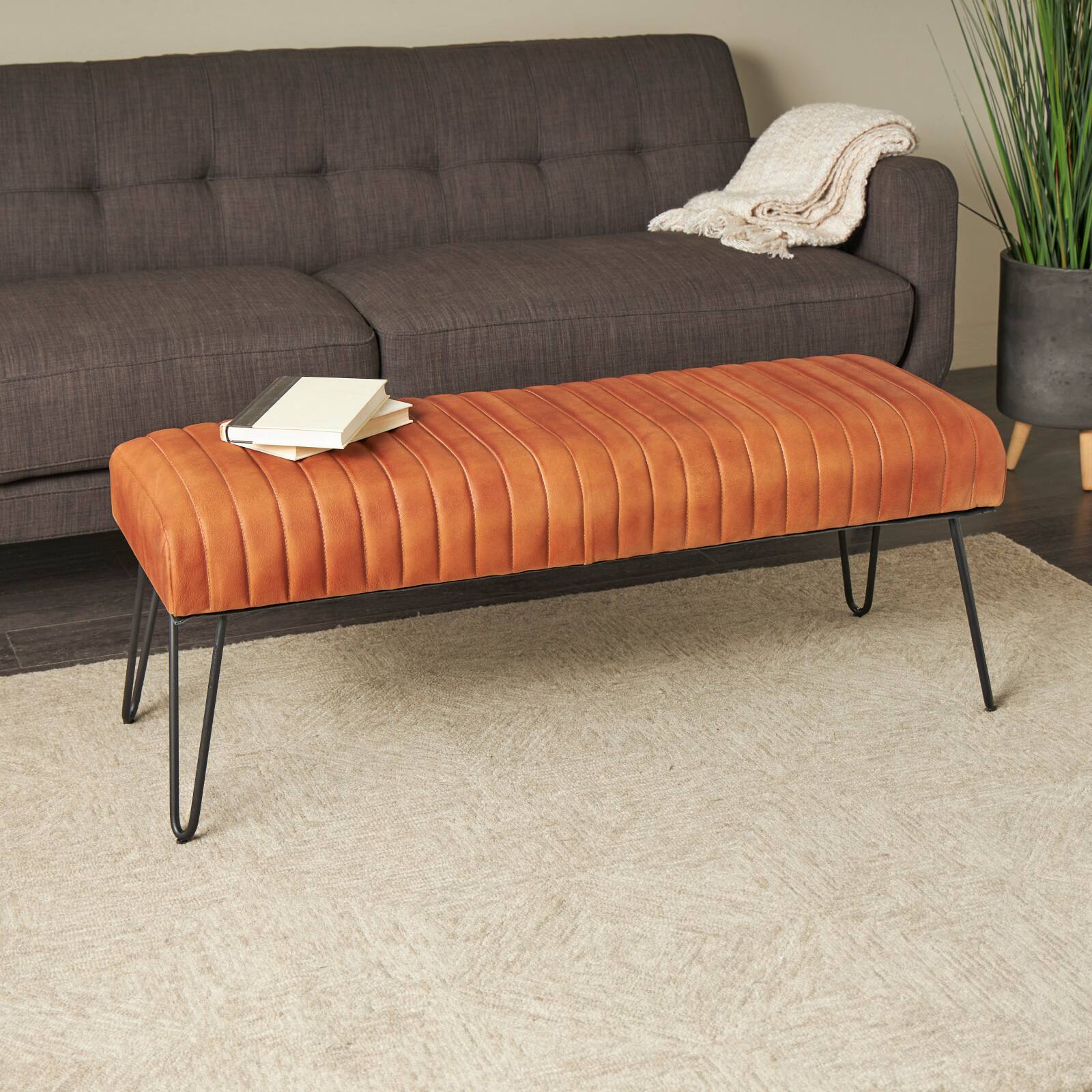 4ft. Brown Leather Upholstered Bench with Hairpin Legs