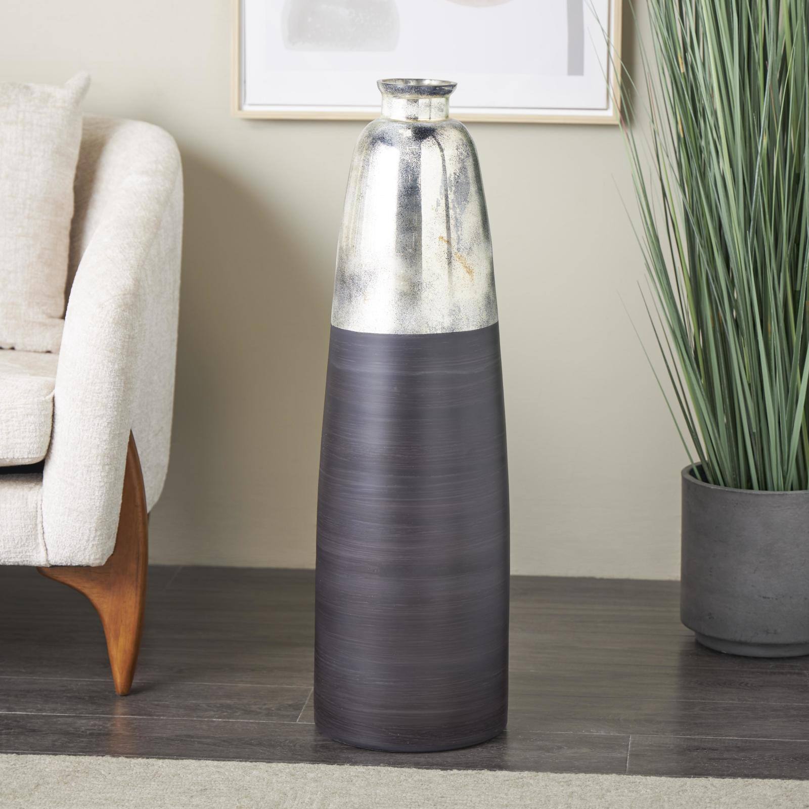 34" Black Glass Brushed Two-Toned Floor Vase with Textured Silver Top