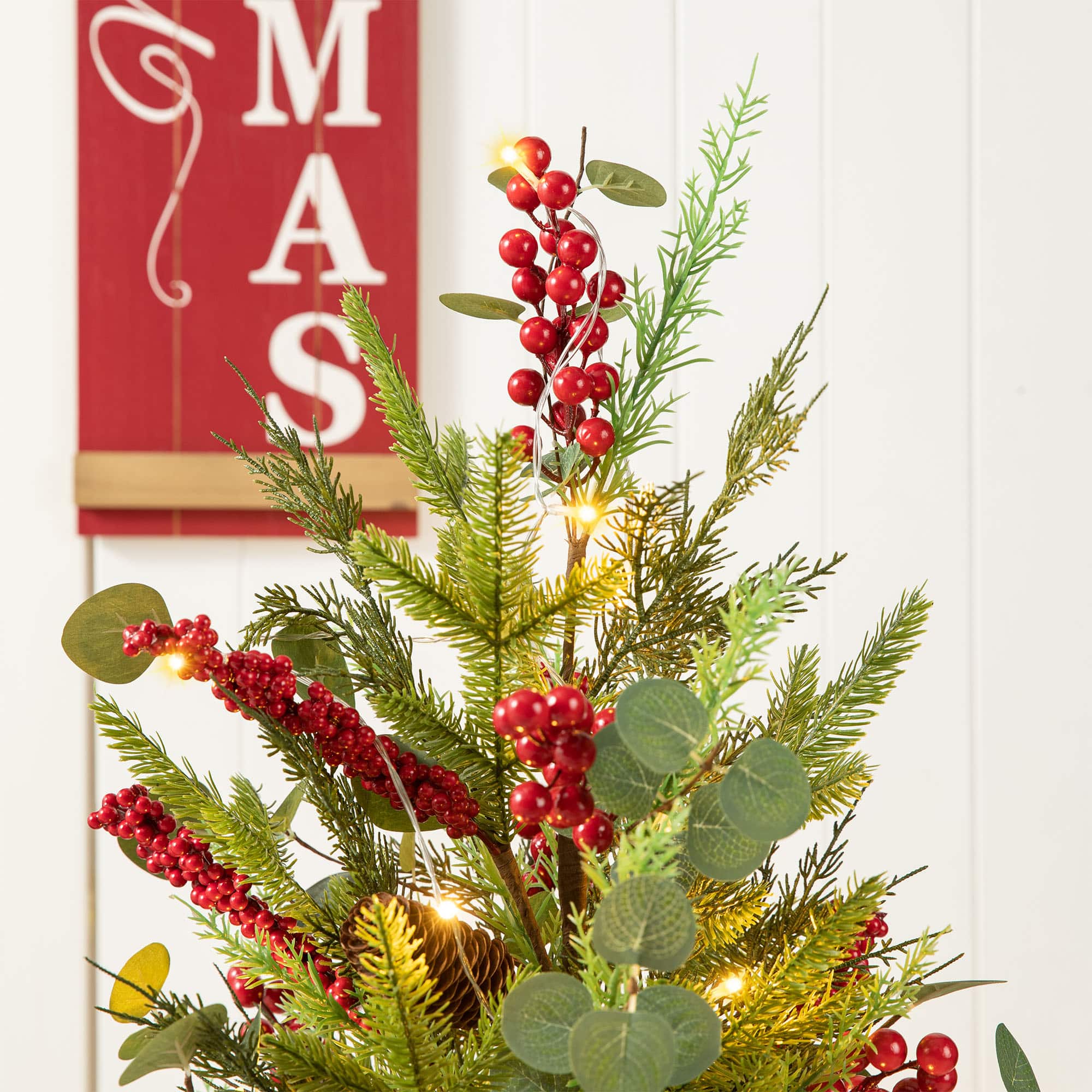 3ft. Pre-Lit Pine Needle &#x26; Eucalyptus Leaf Artificial Urn Christmas Porch Tree, Warm White LED Lights