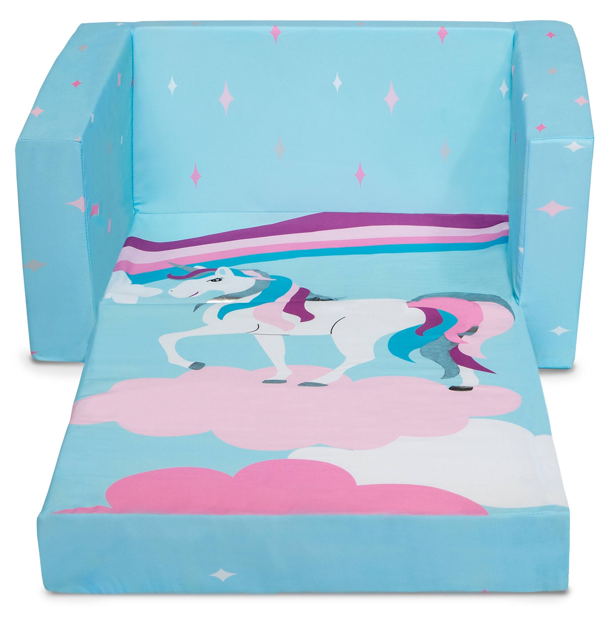 Delta Children Blue Unicorn Cozee Flip Out 2-in-1 Convertible Chair to Lounger