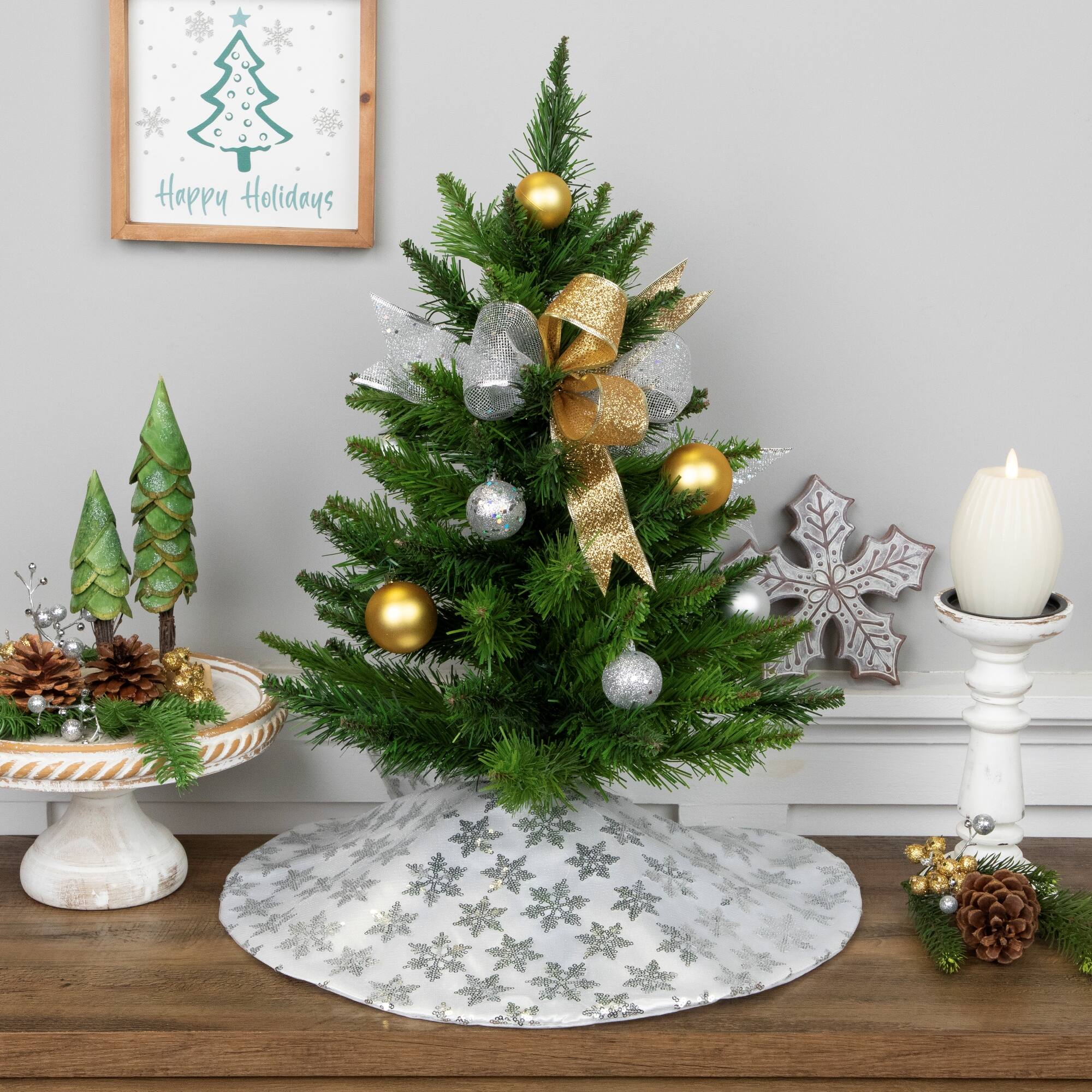 20" White & Silver Sequin Snowflake Mini Tree Skirt