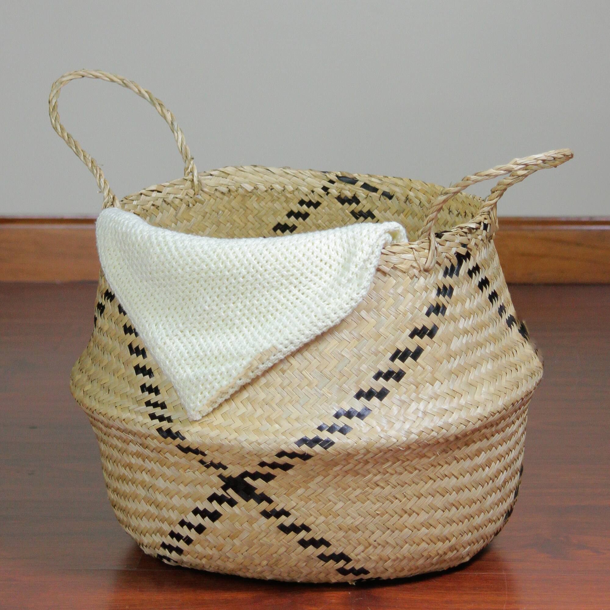 17" Beige & Black Seagrass Belly Basket with Handles