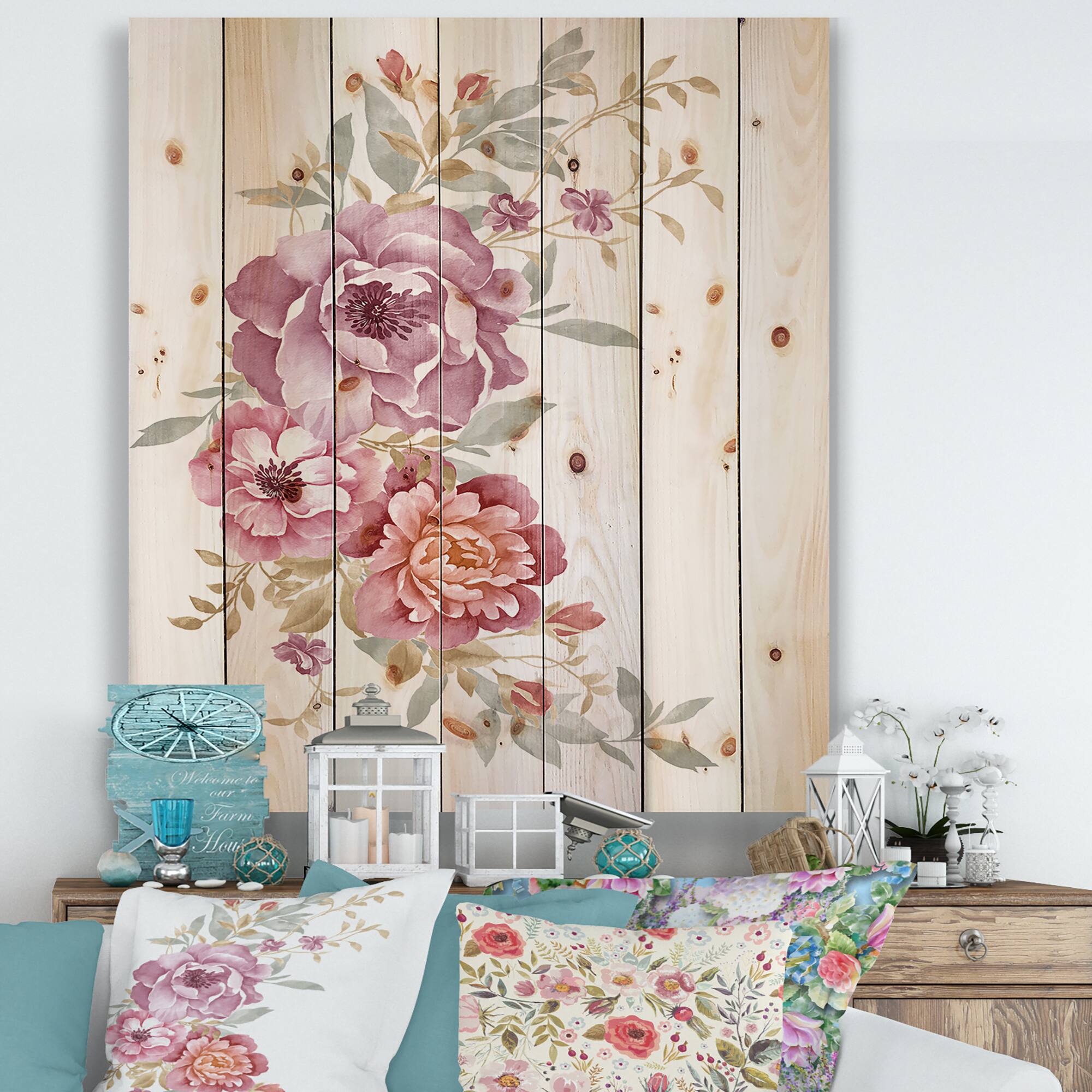 Designart - Bouquet Of Pink and Purple Flowers III - Farmhouse Print on Natural Pine Wood