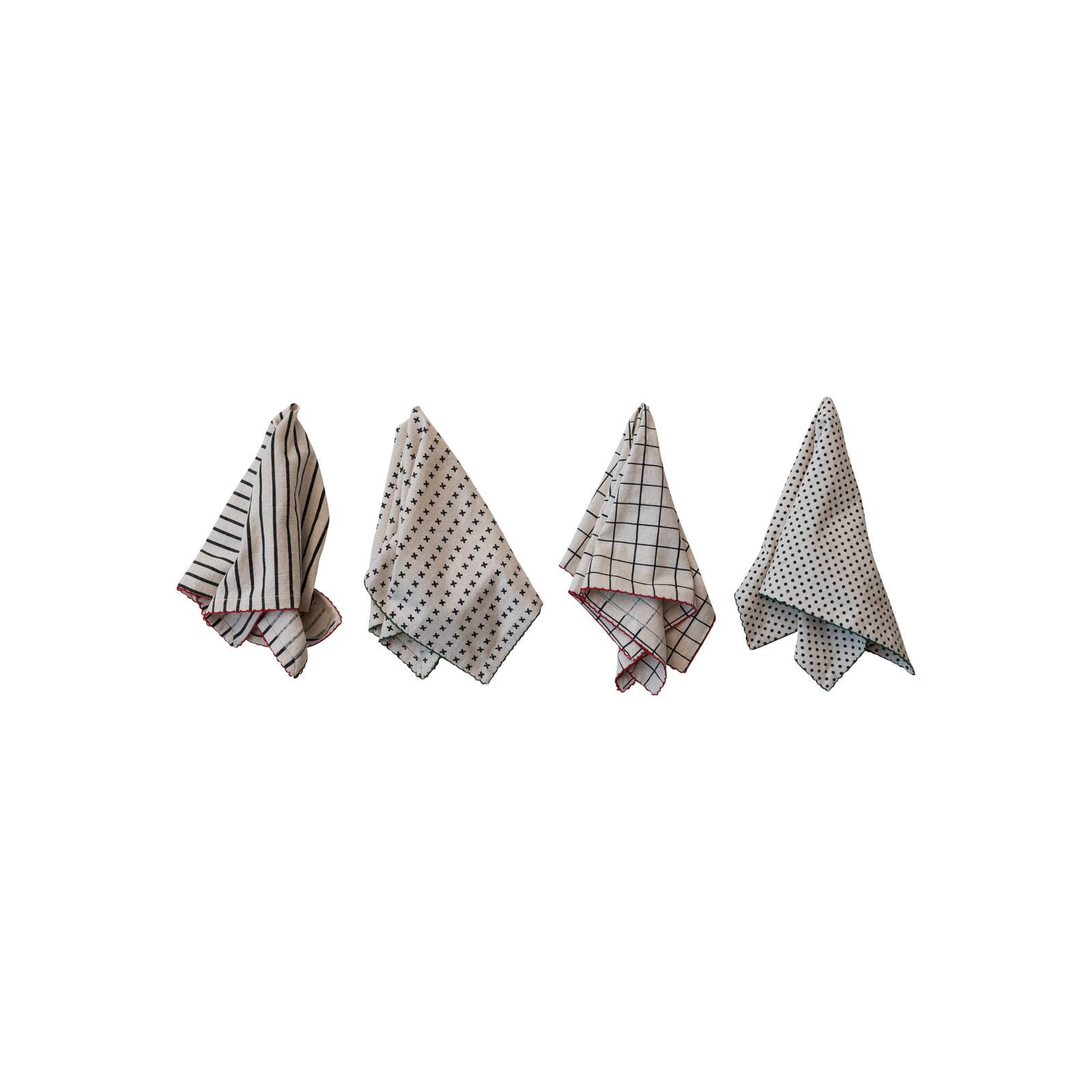 Hello Honey&#xAE; Black &#x26; Natural Mixed Pattern Cotton Fabric Napkin Set with Red &#x26; Green Stitched Edges