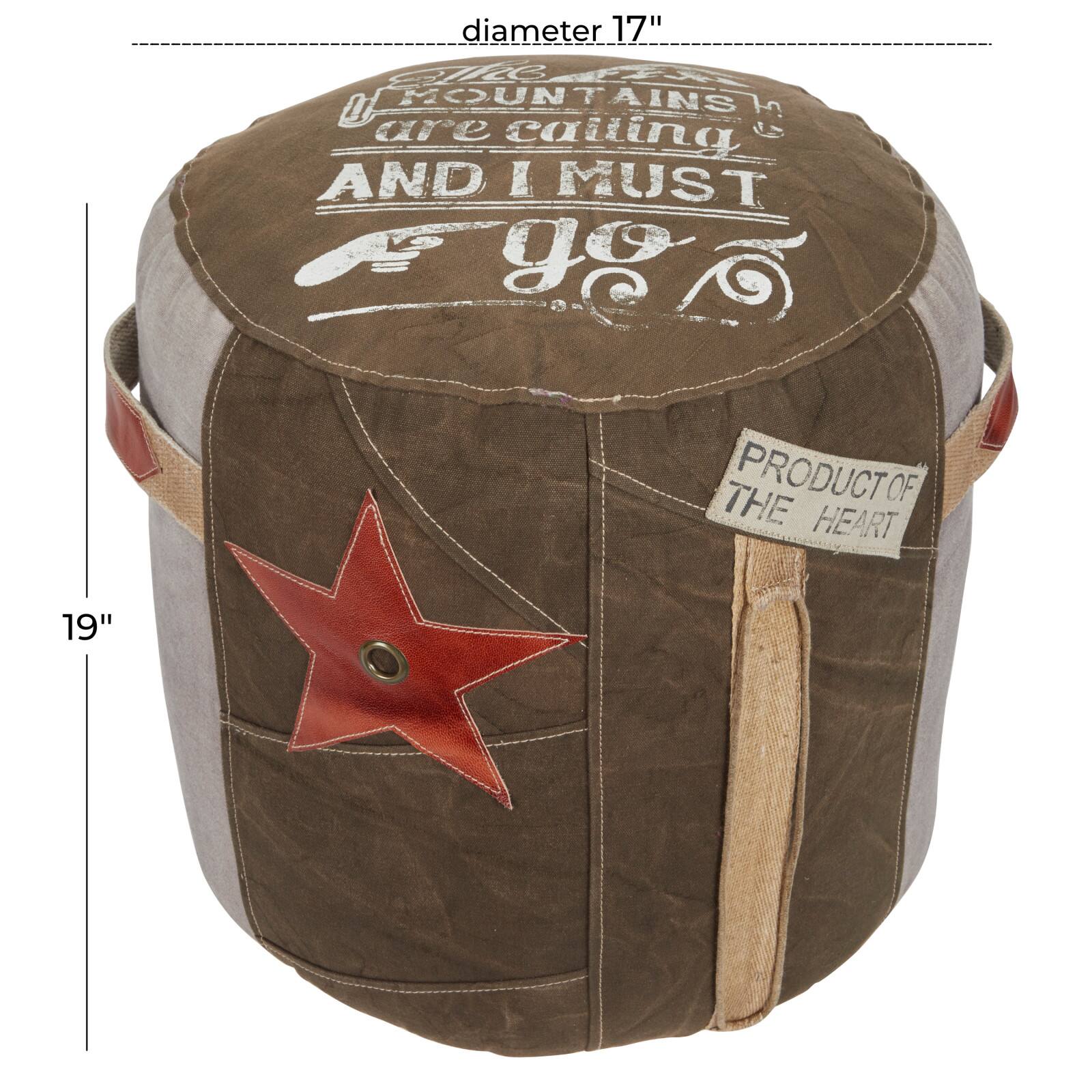 Brown Canvas and Leather Rustic Pouf, 19" x 17" x 17"