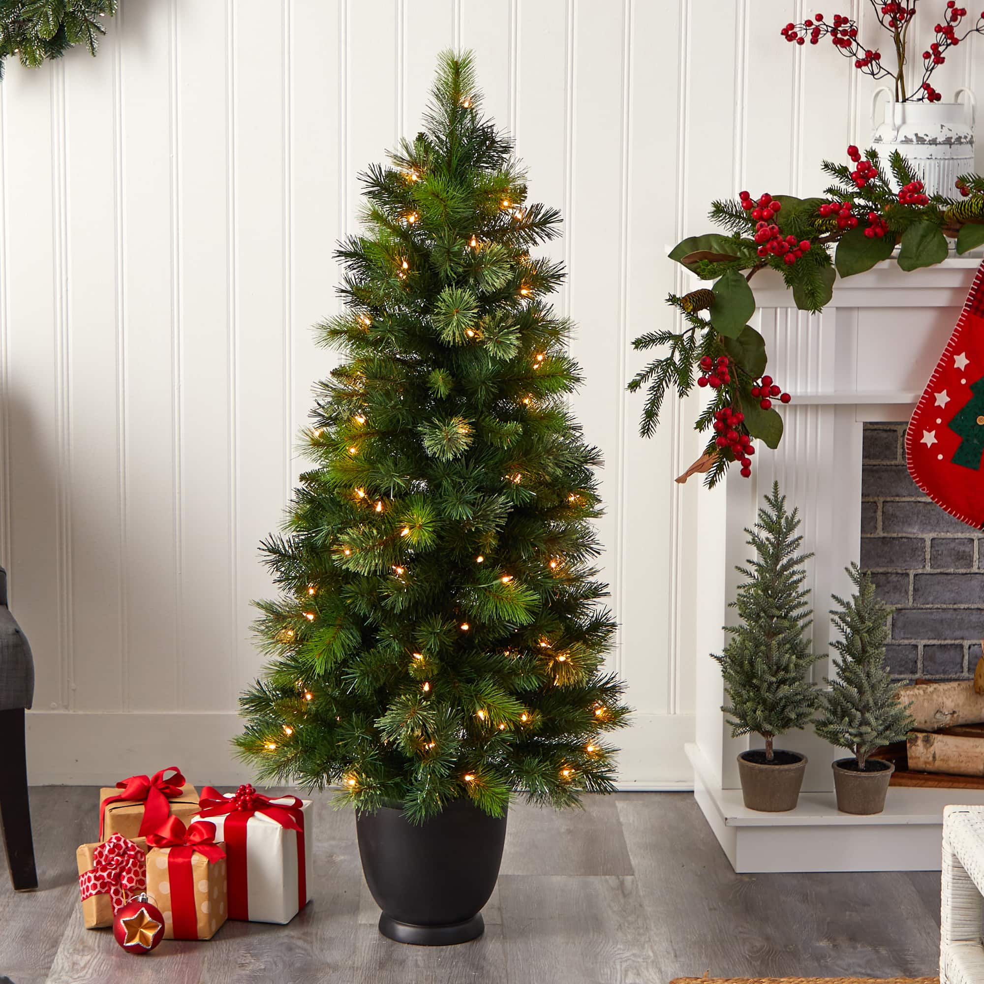 4.5ft. Pre-Lit Oregon Pine Artificial Christmas Tree in Decorative Planter, Warm White Lights