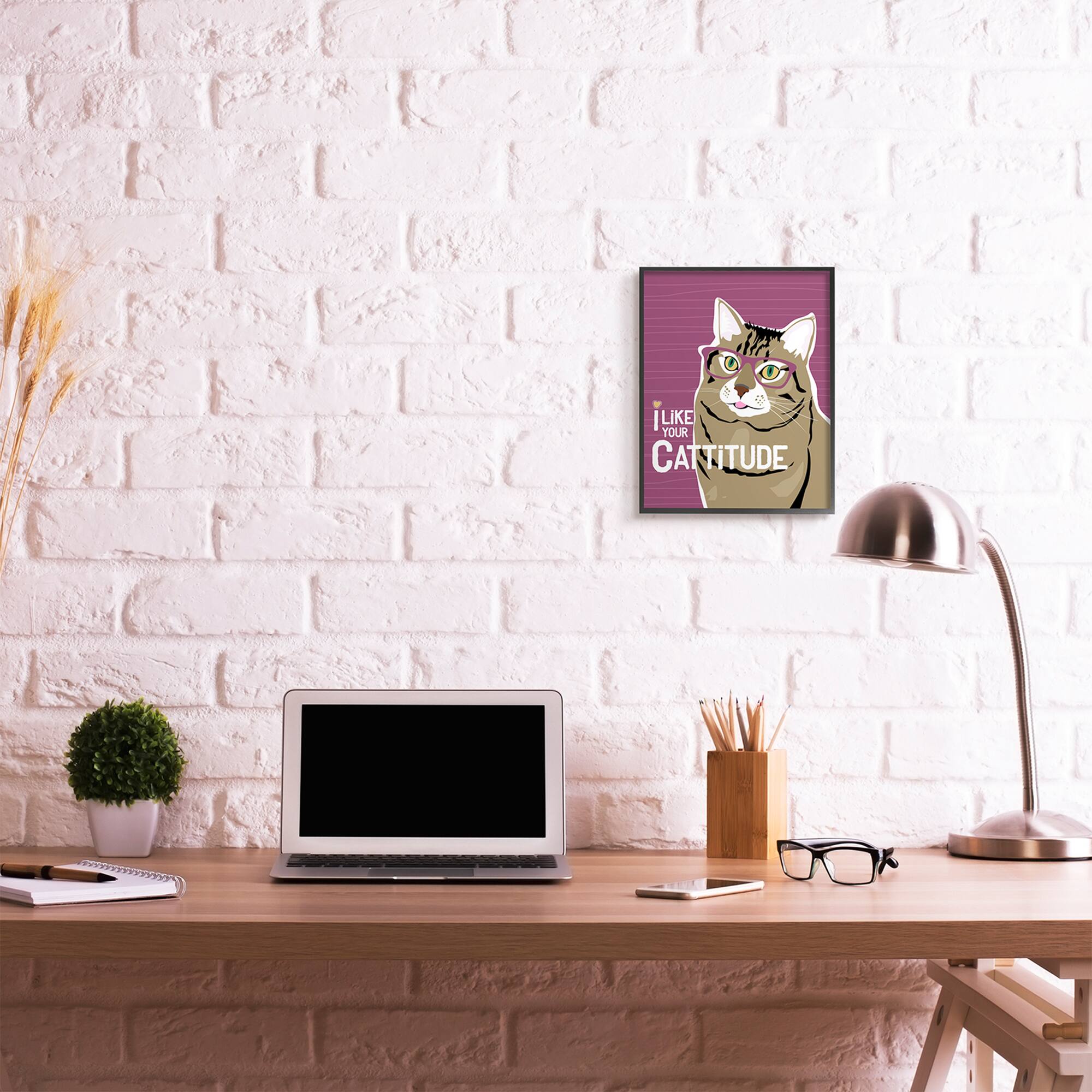Stupell Industries Like Your Cattitude Phrase Cat With Glasses Pet in Black Frame Wall Art