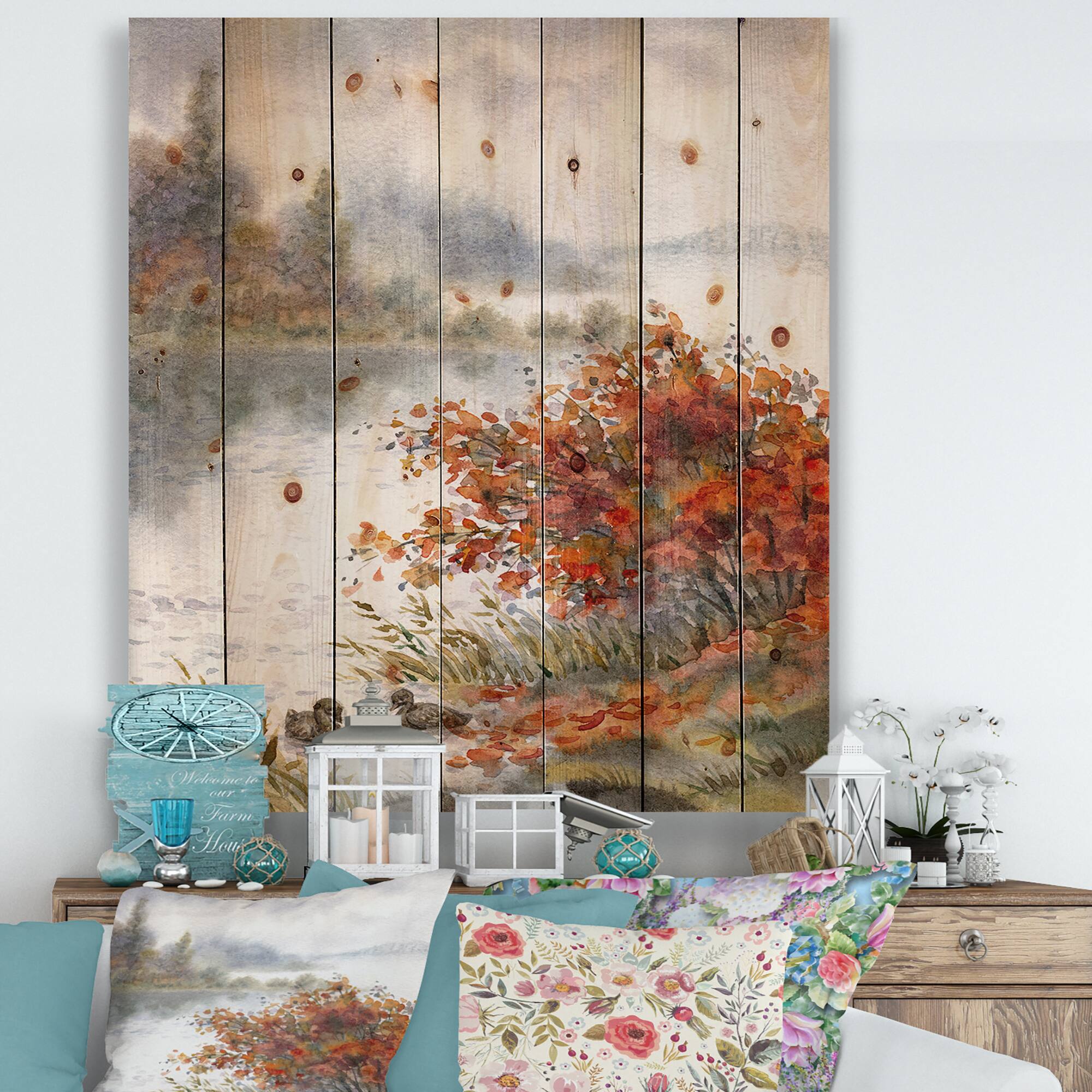 Designart - View Of The Lake In Autumn - Traditional Print on Natural Pine Wood