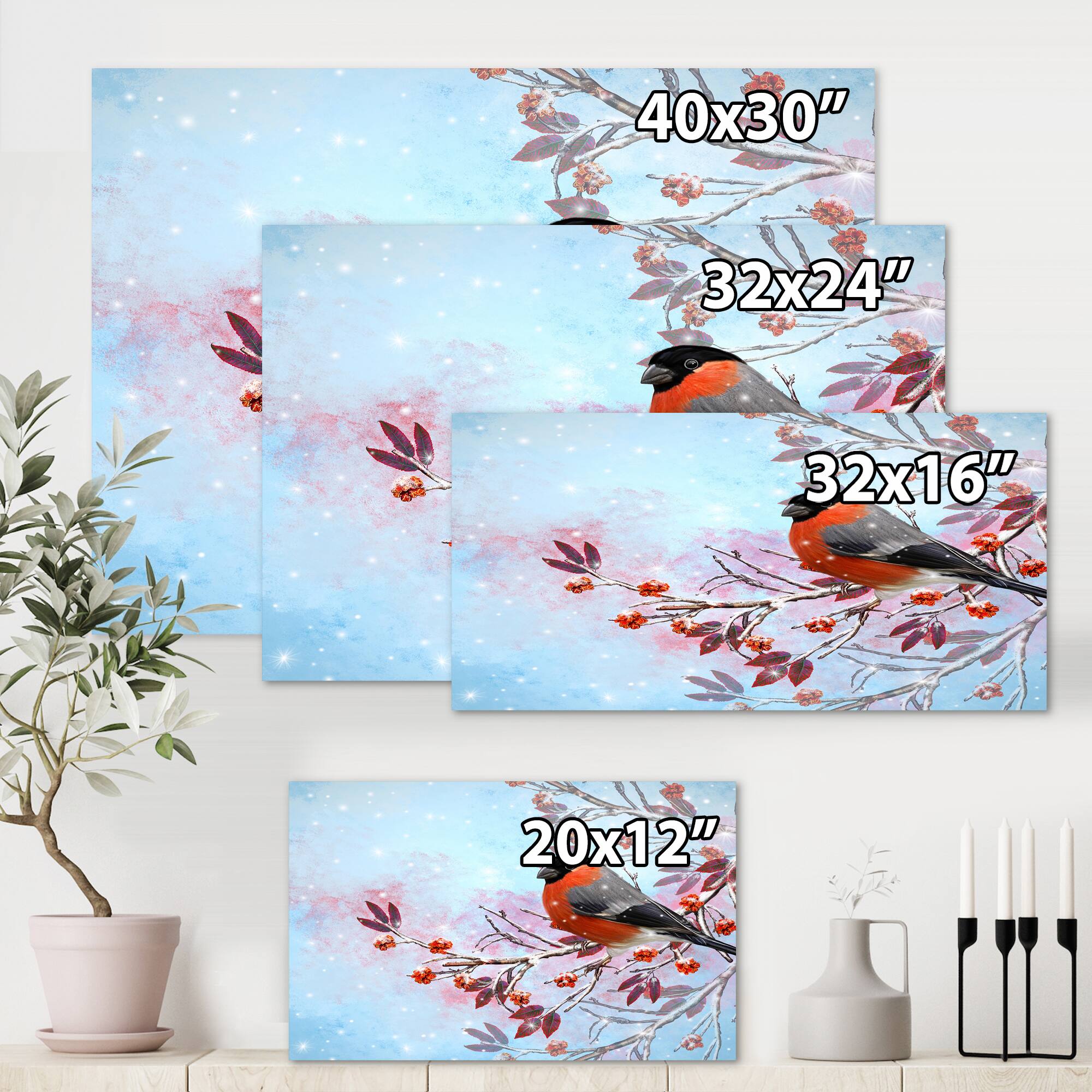 Designart - Two Bright Bird Bullfinch Bird Sitting On A Branch - Traditional Canvas Wall Art Print