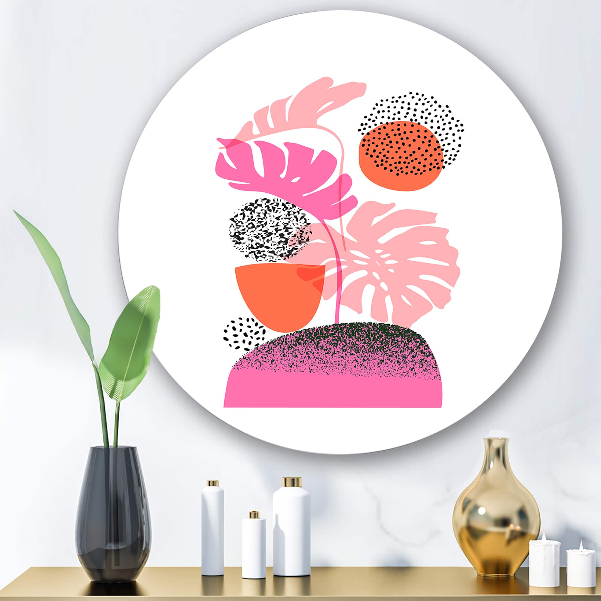 Designart - Geometric Moon & Sun Shapes With Tropical Leaves - Modern Metal Circle Wall Art
