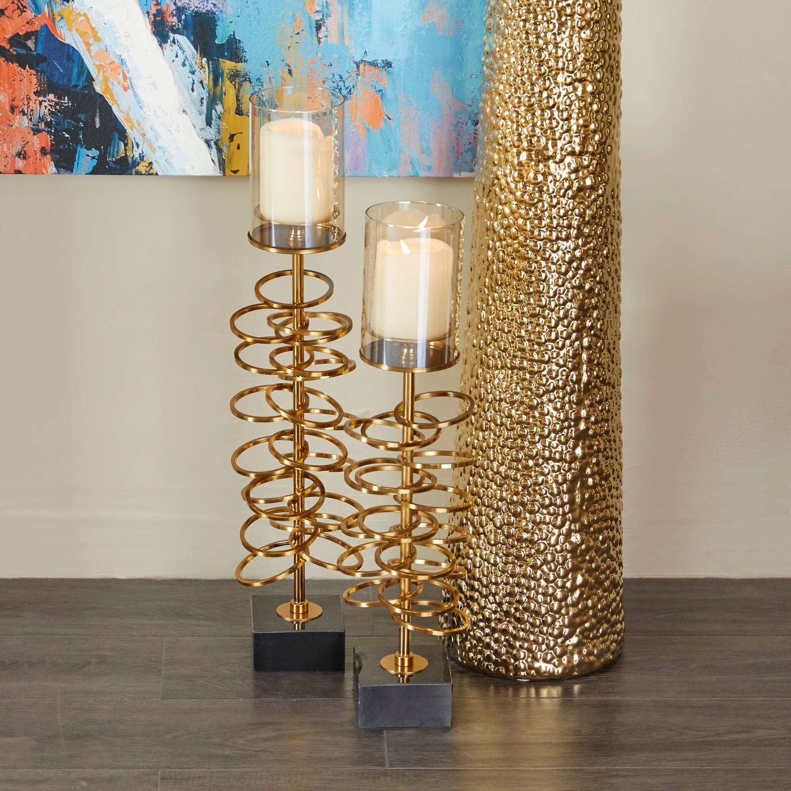Gold Metal Ring Stand Pillar Hurricane Lamp Set