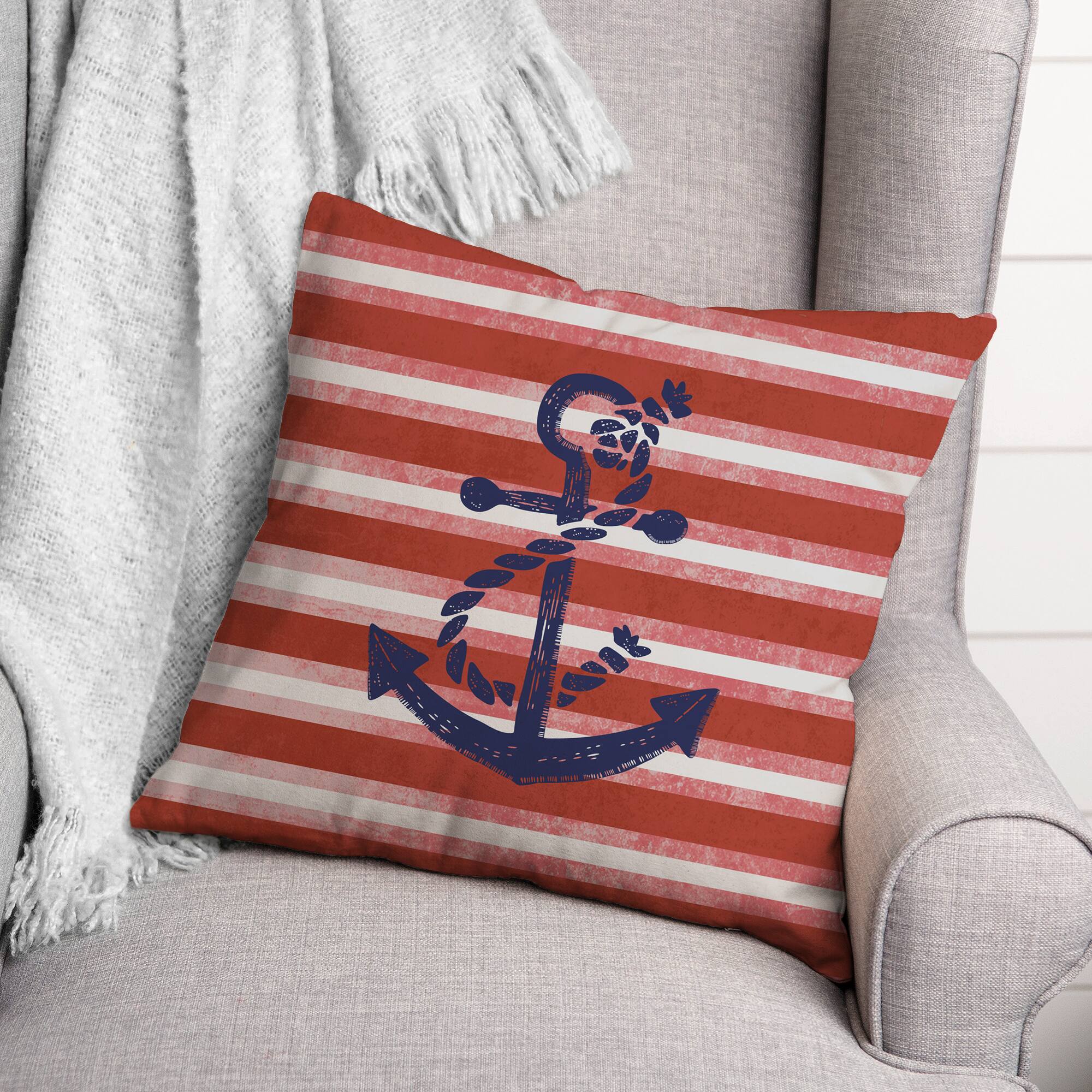 Red Stripes &#x26; Anchor Throw Pillow