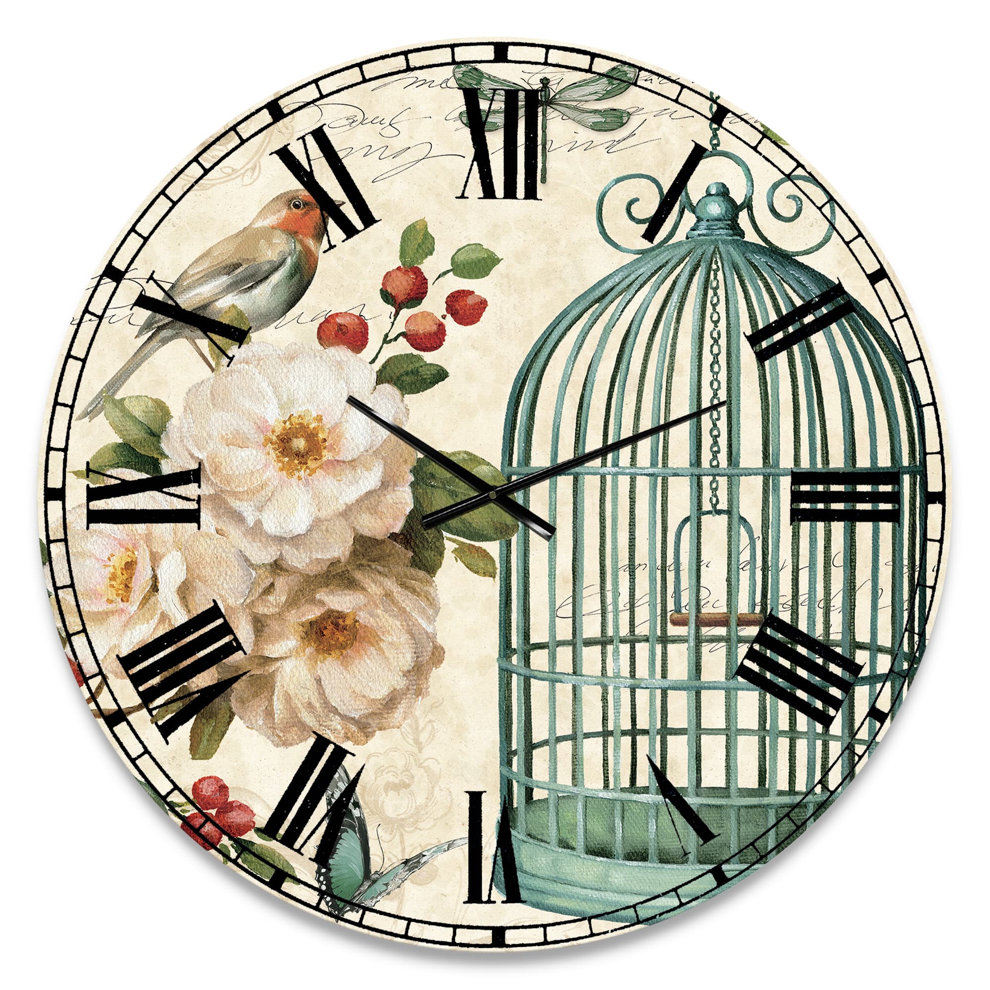 Designart Blue Cottage Bird, Birdcage & Apple Blossoms II Wall Clock