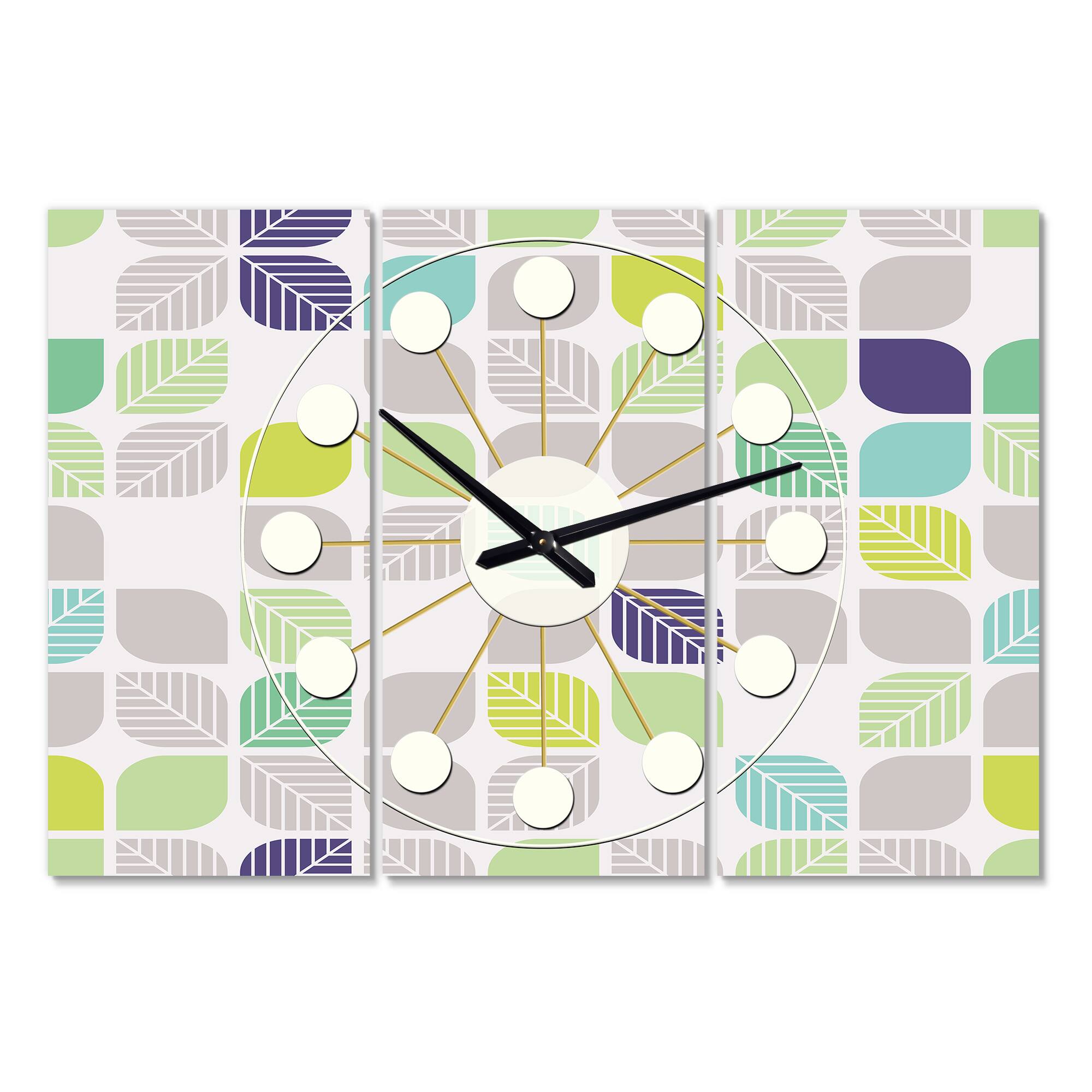 Designart 'Geometric Pattern With Leaves Oversized Mid-Century Modern Multipanel Wall Clock