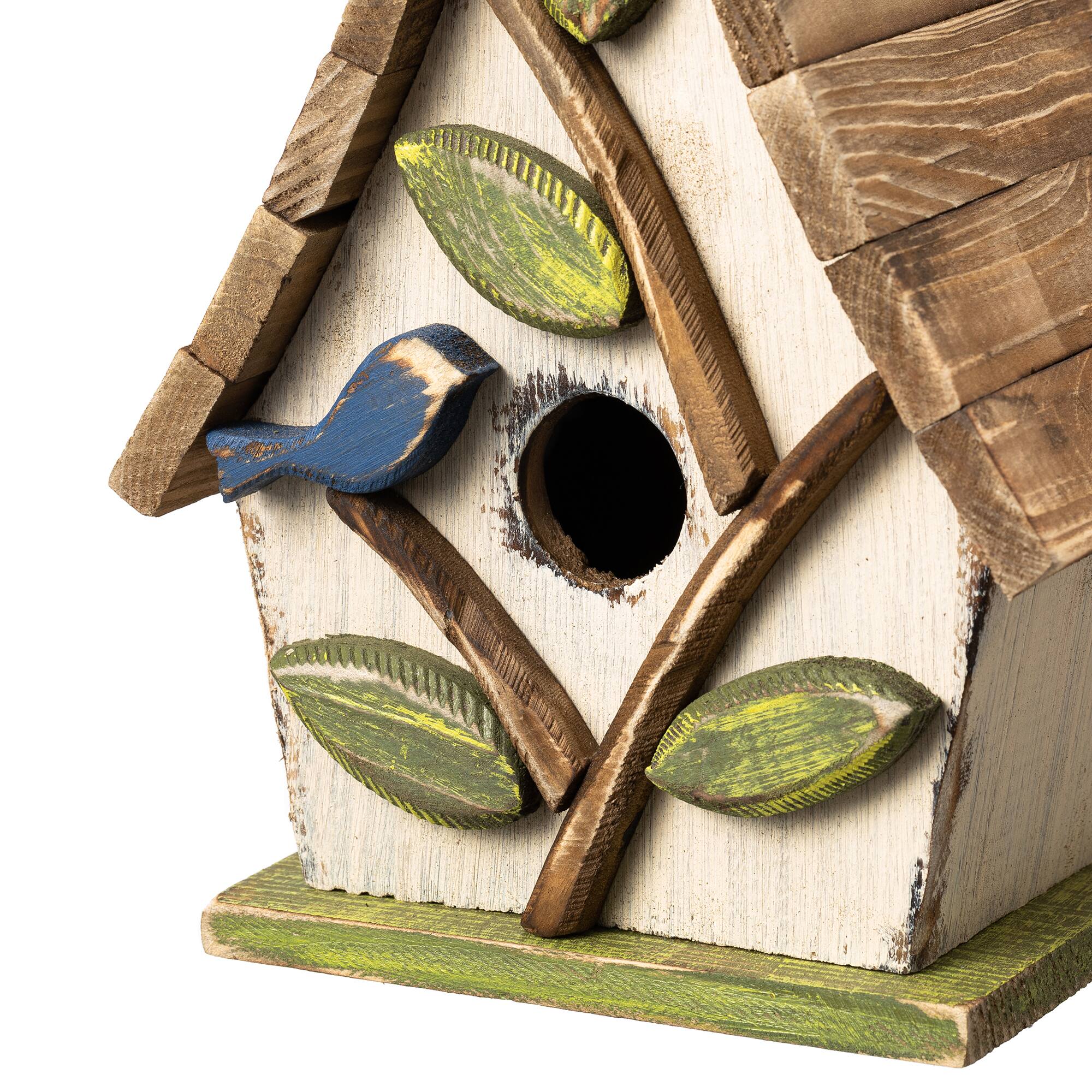 Glitzhome&#xAE; 9.5&#x22; White Distressed Wood Birdhouse with Leaves
