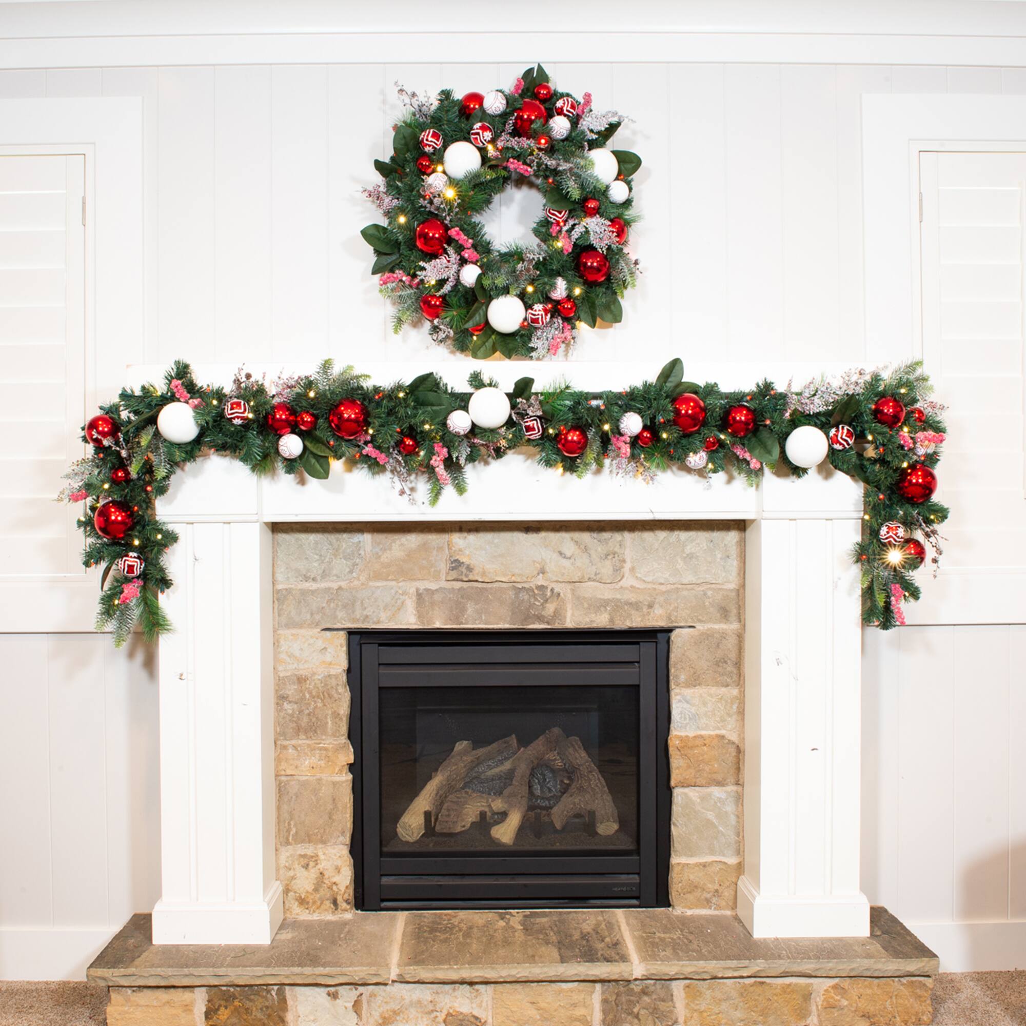 Village Lighting 30" Pre-Lit Nordic Christmas Wreath, Red & Clear LED Lights