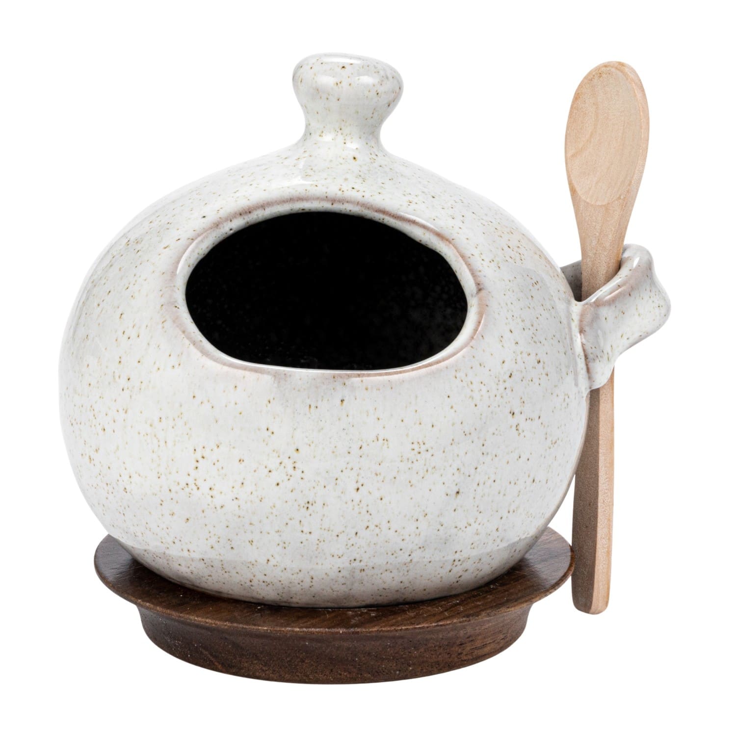 5.5&#x22; Cream Stoneware Salt Jar with Wood Spoon &#x26; Coaster