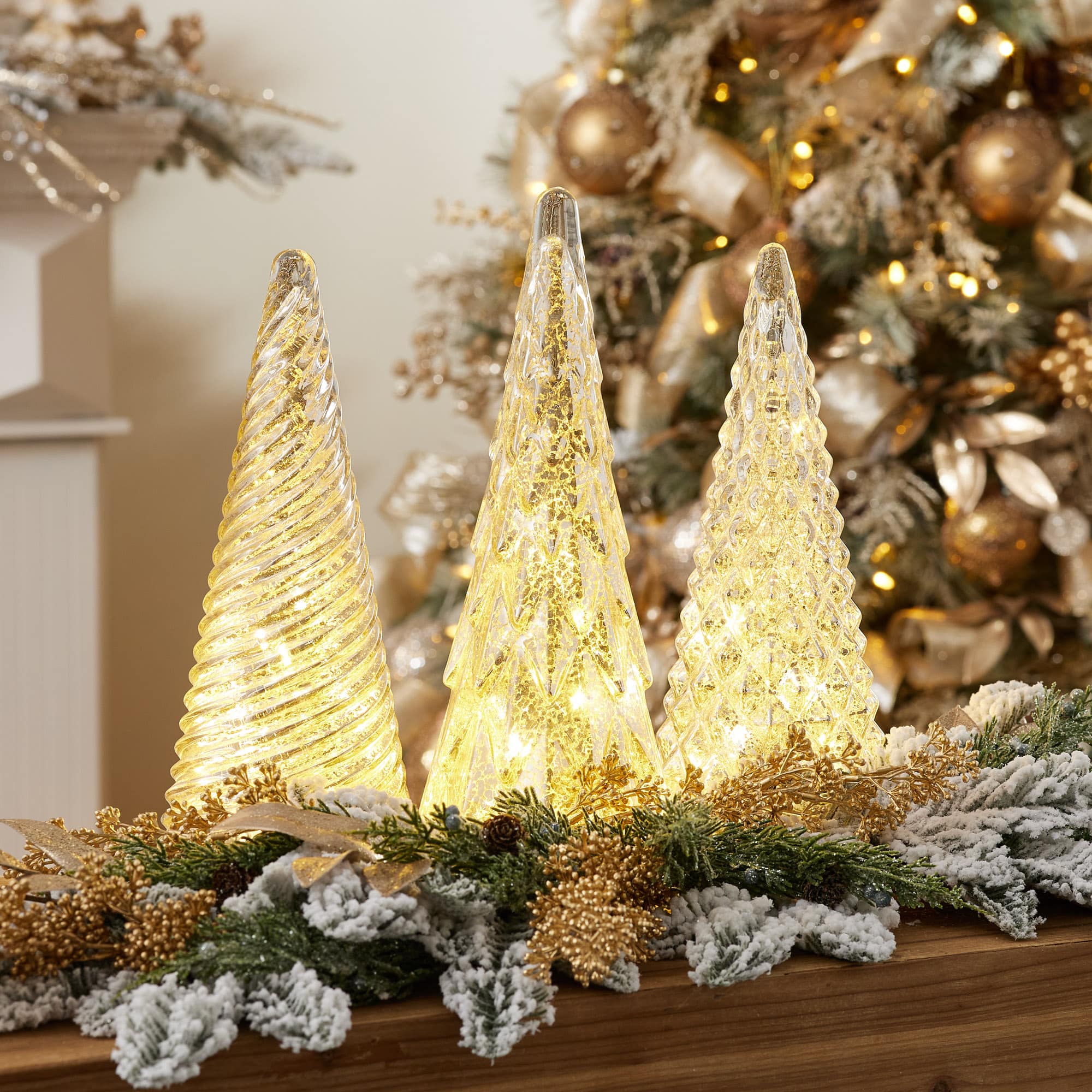 Textured Mercury Glass LED Tree Set