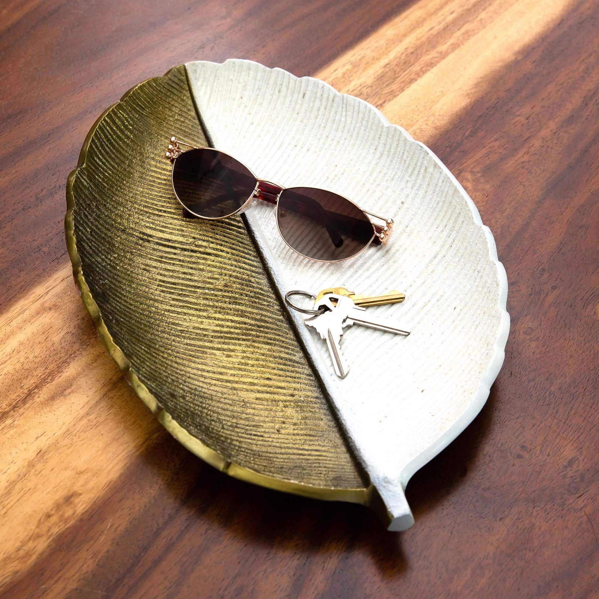 14" Gold & White Leaf Decorative Accent Tray