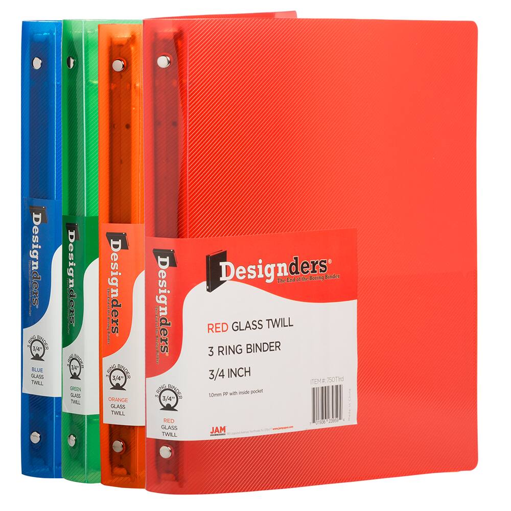 JAM Paper 0.75" Mixed Colors Glass Twill Plastic 3-Ring Binders, 4ct.
