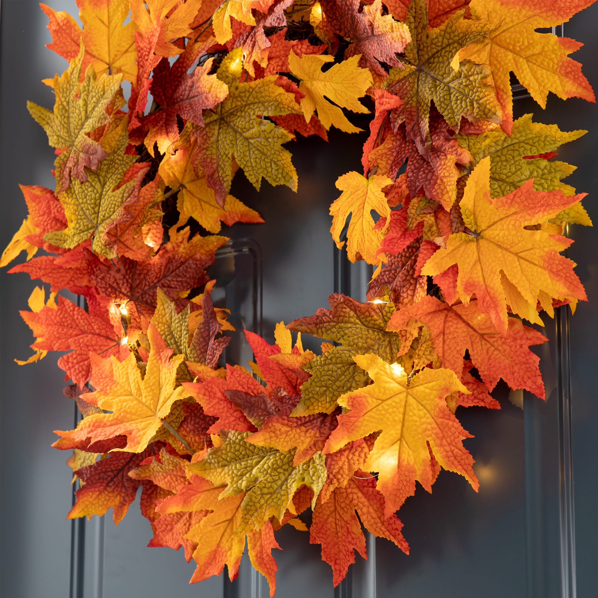 Glitzhome® 24" Fall Lighted Maple Leaves Wreath with Timer