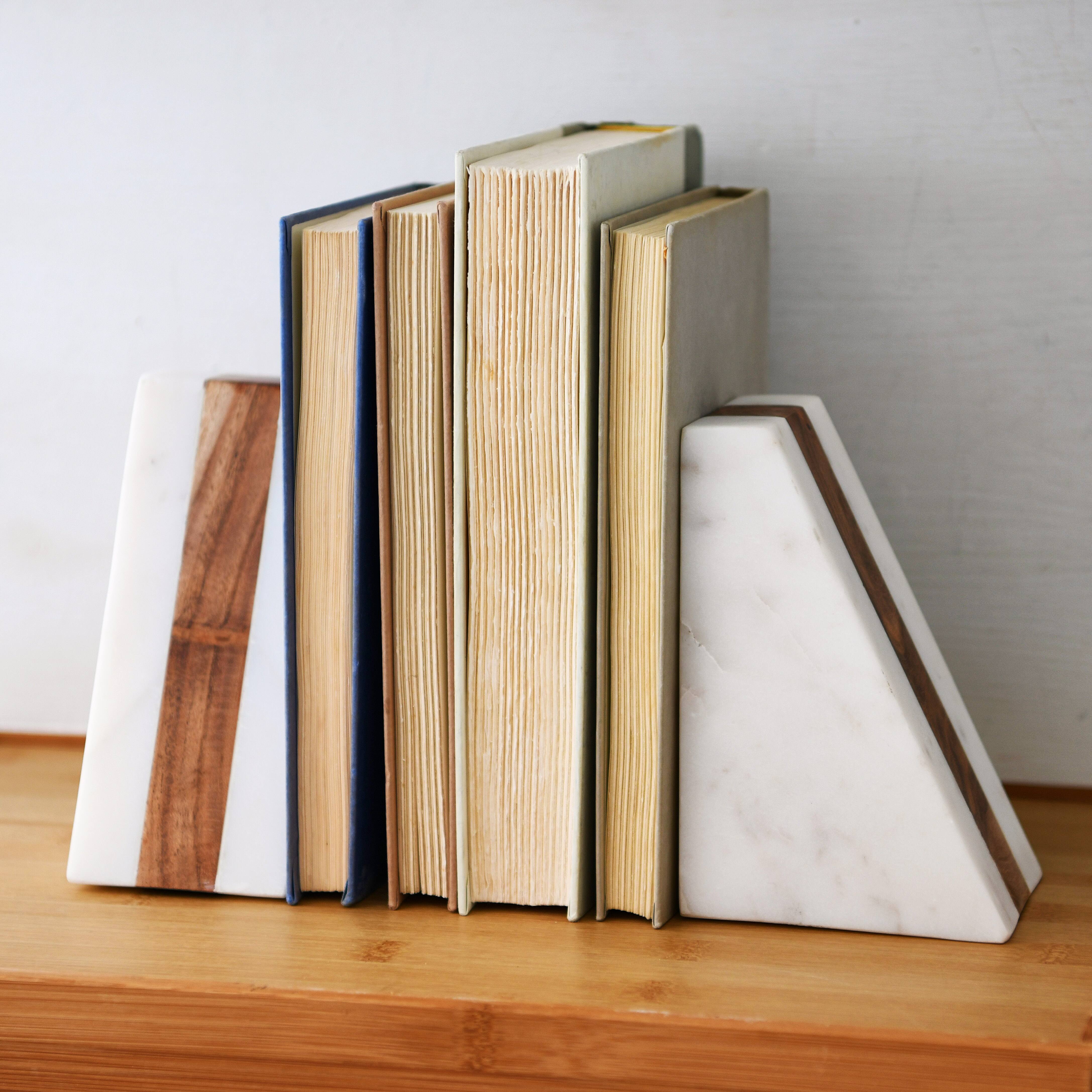 Hello Honey® 6" White Marble Geometric Bookends with Wood Inlay