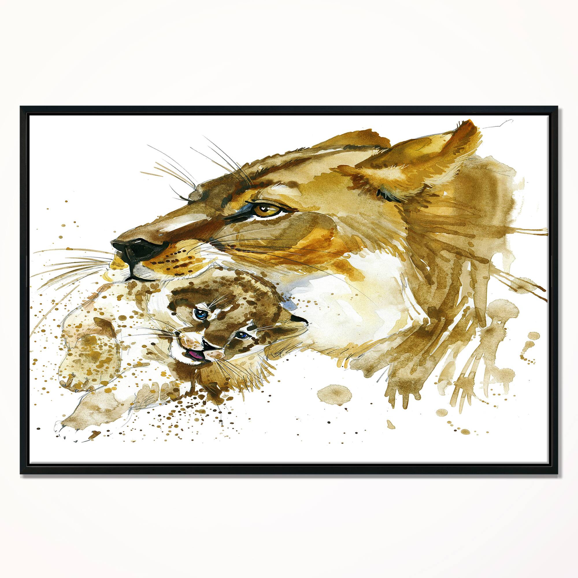 Designart - Lioness and Cub Illustration - Animal Painting Canvas Art in Black Frame
