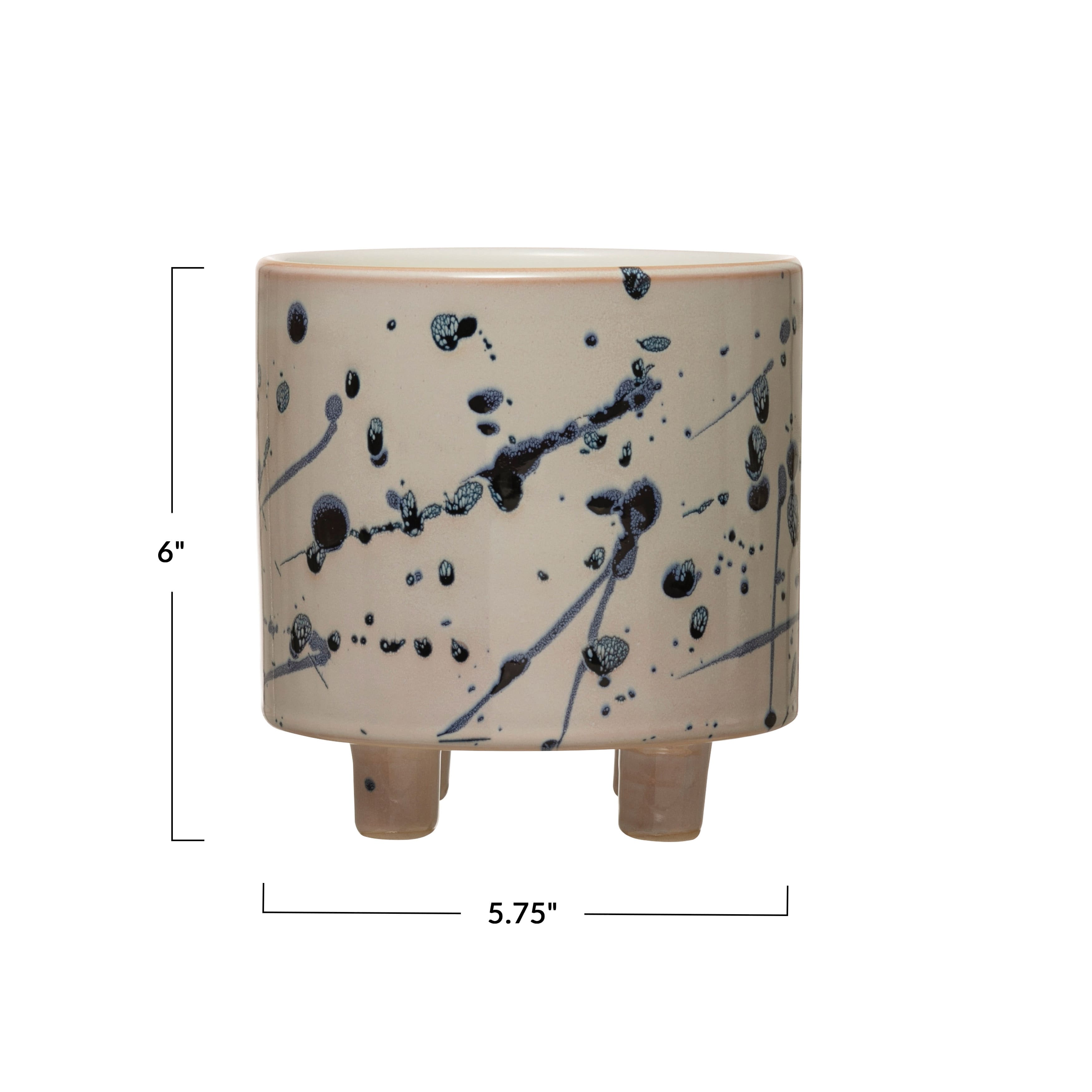 Hello Honey® 6" White & Blue Splatter Design Stoneware Footed Planter