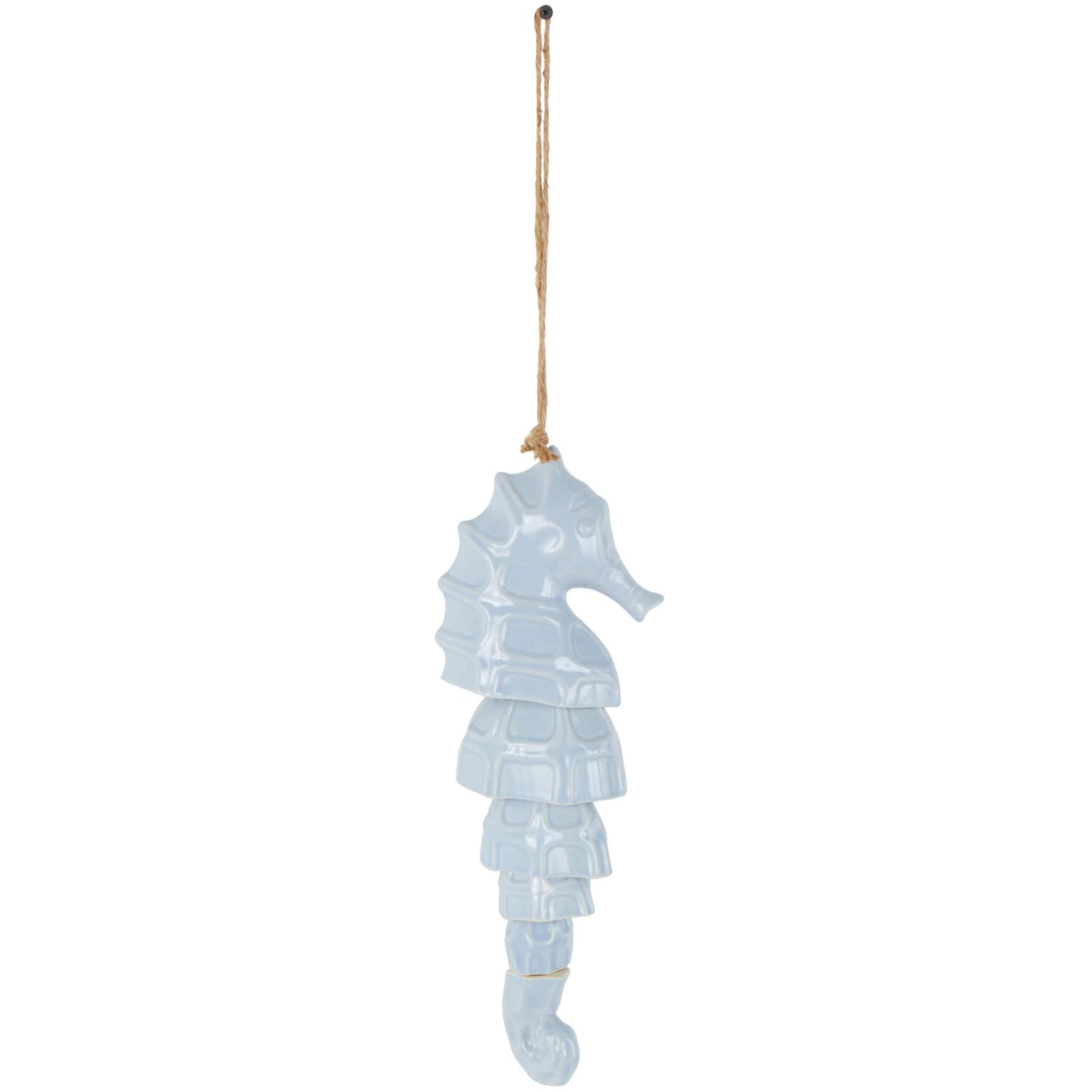 24" Blue Ceramic Sea Horse Windchime with Brown Rope
