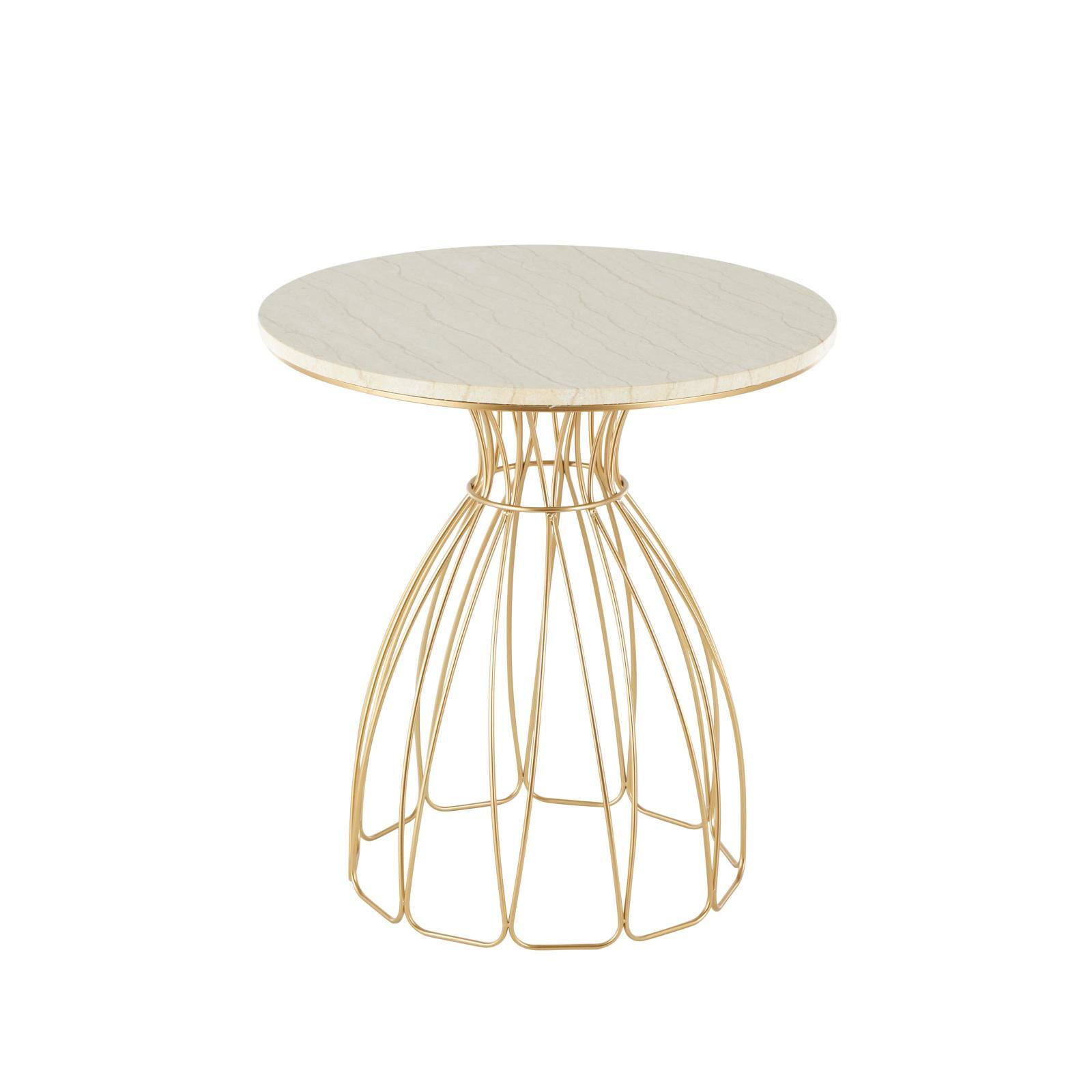 25" Gold Metal Flower Inspired Accent Table with Cream Marble Tabletop