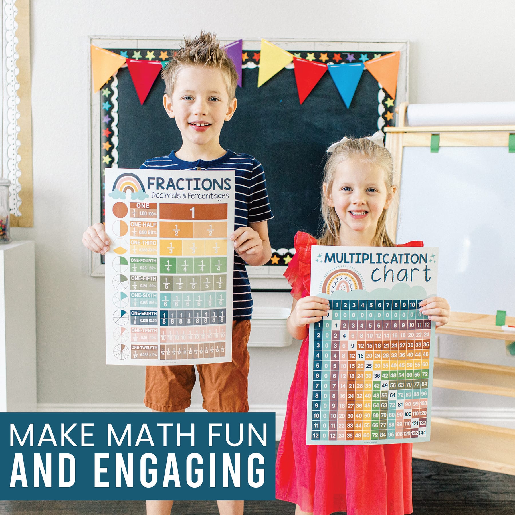 Hadley Designs 11" x 17" Boho Math Multiplication and Division Elementary Laminated Posters Set