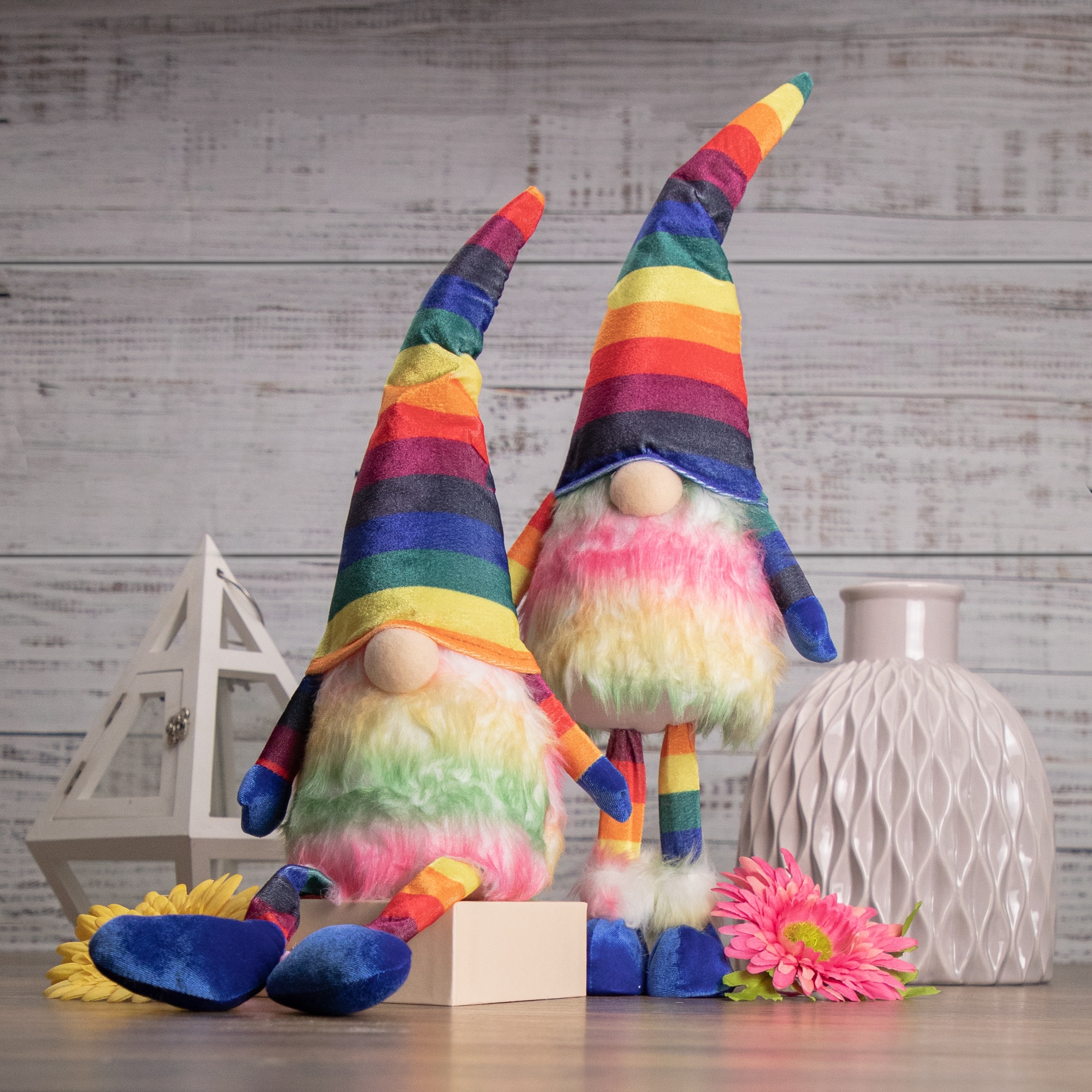 20&#x22; Bright Striped Rainbow Springtime Gnome with Dangling Legs