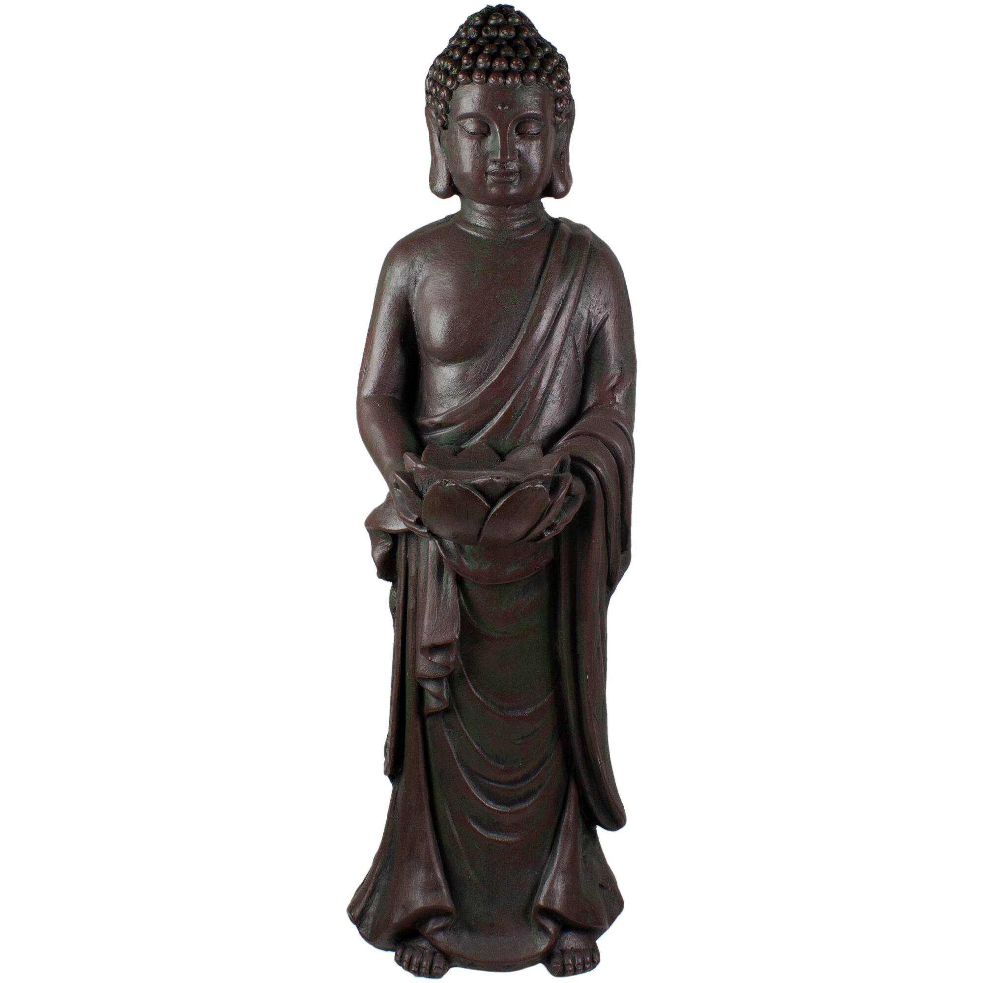 19.5" Dark Brown Standing Buddha with Lotus Outdoor Garden Statue