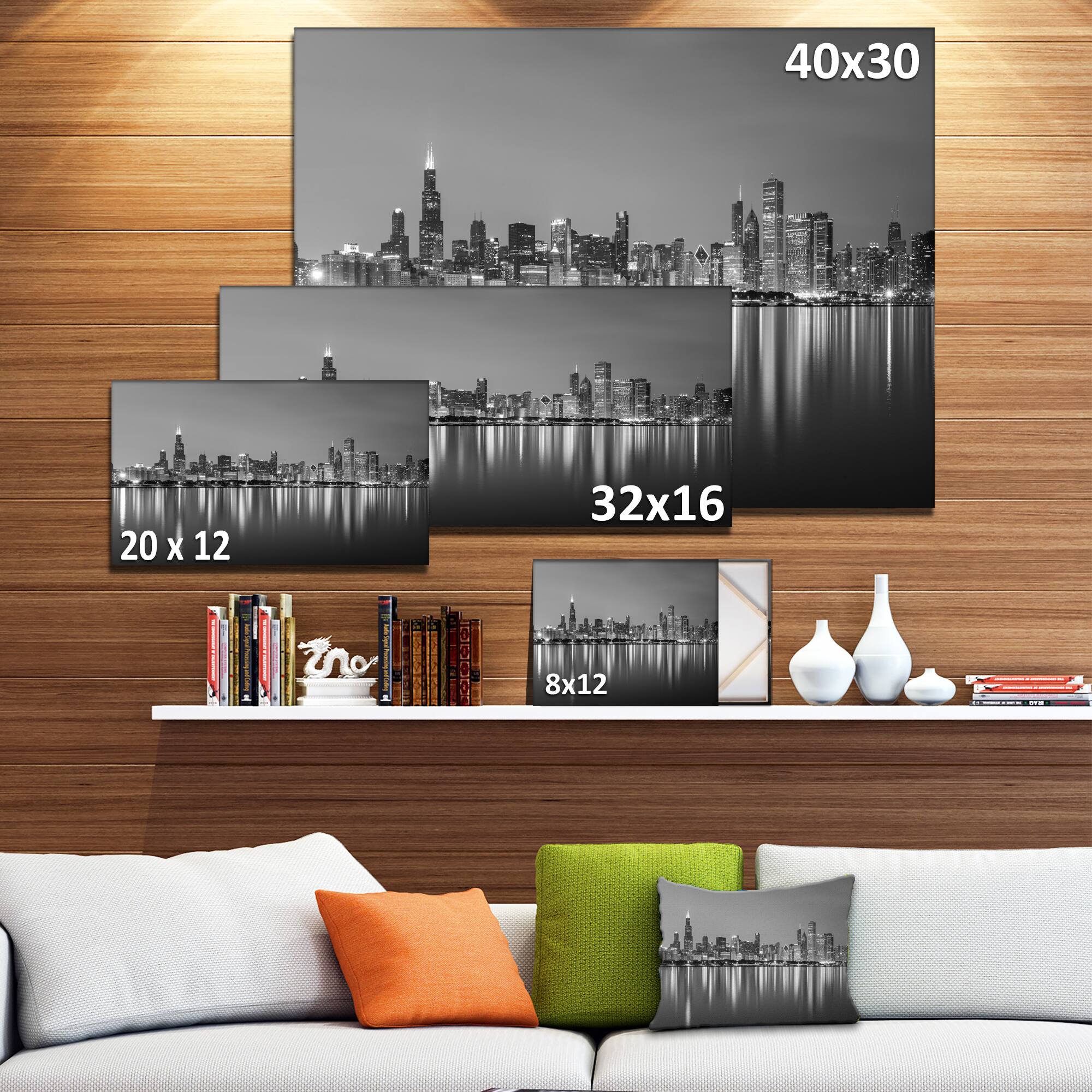 Designart - Chicago Skyline at Night Black and White - Cityscape Canvas Print