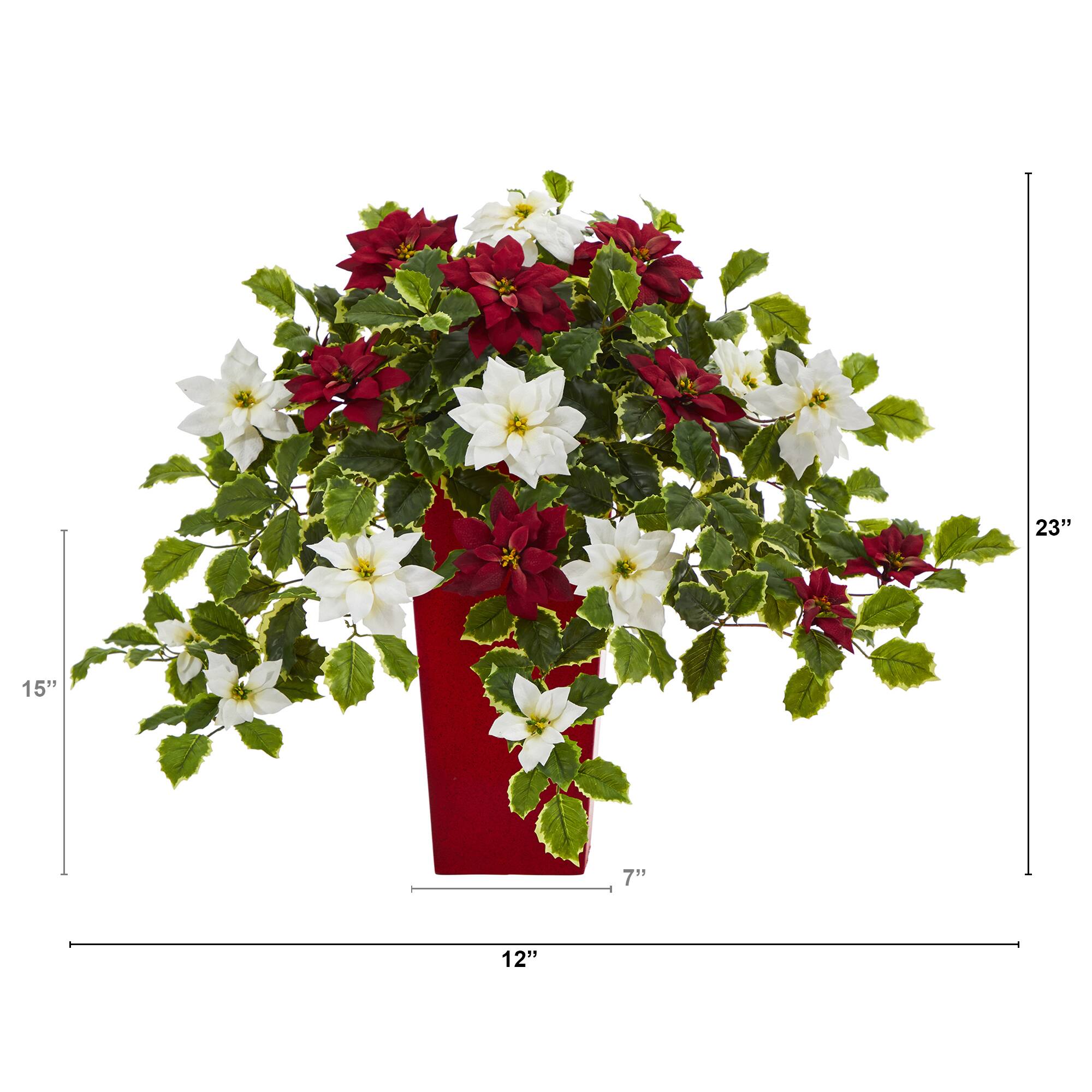 23” Poinsettia & Variegated Holly Artificial Plant in Red Decorative Planter