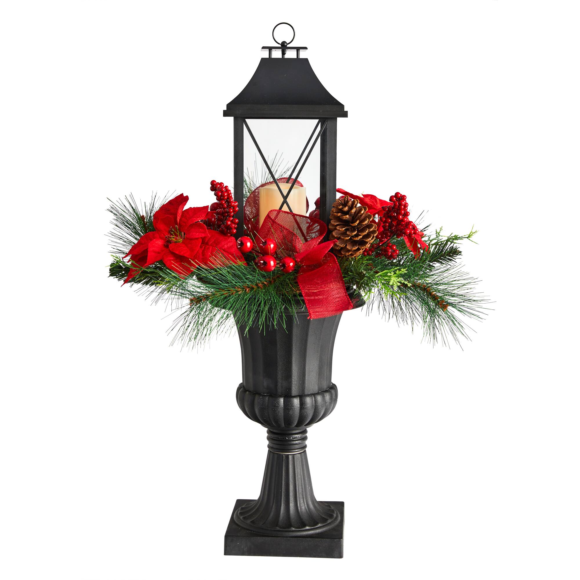 33" Christmas Berries & Poinsettia with Large Lantern & LED Candle in Decorative Urn