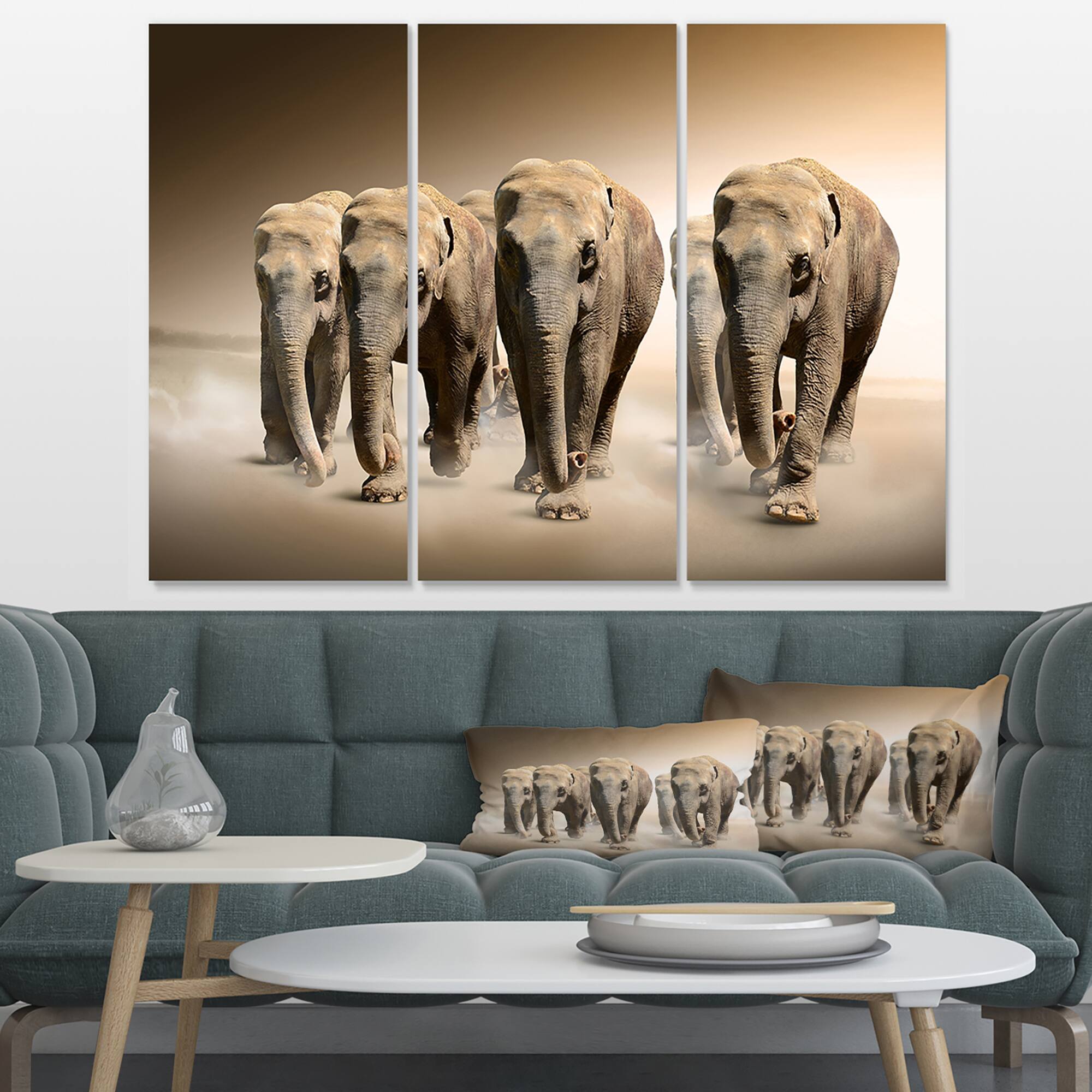 Designart - Walking Herd of Elephants - Animal Canvas Wall Art