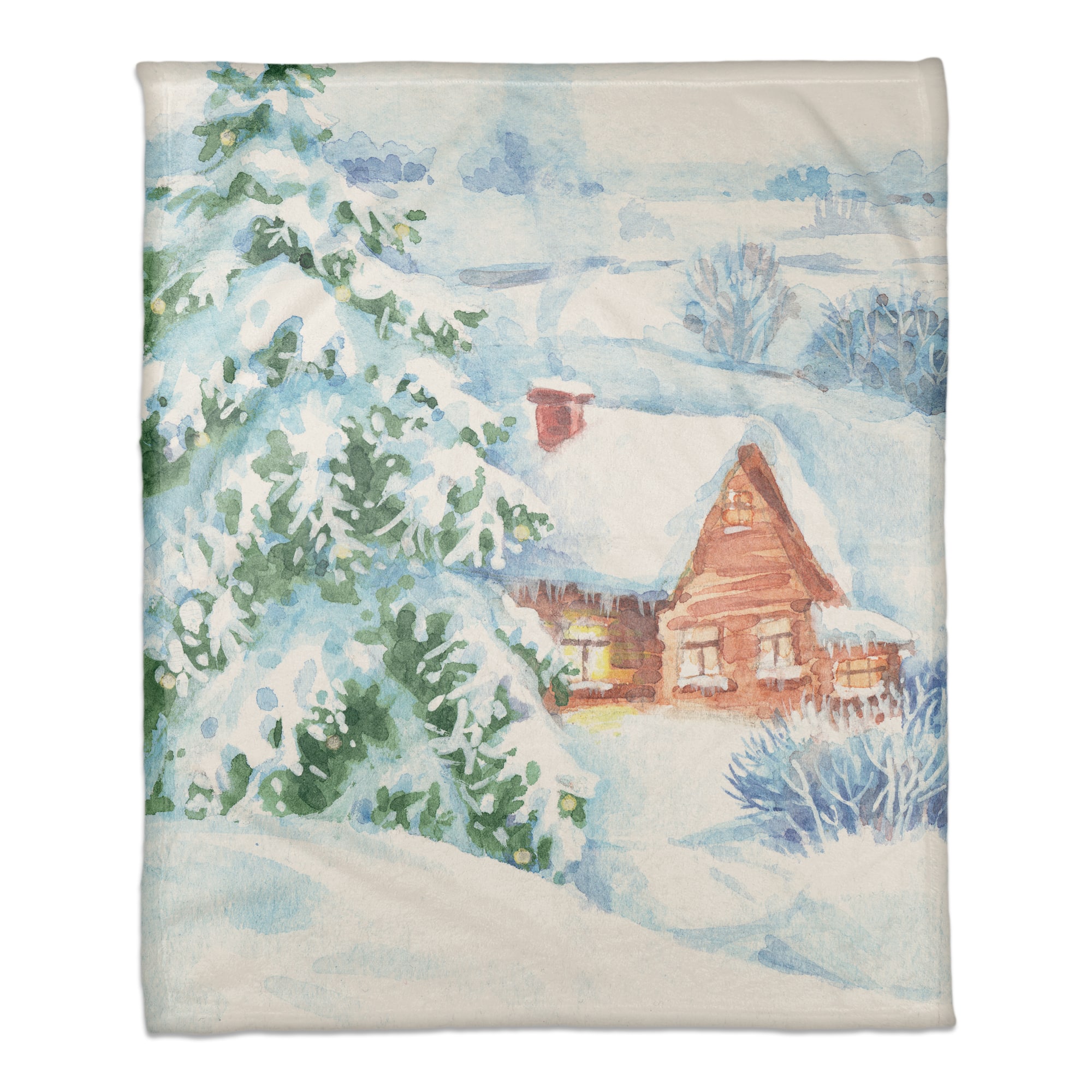Watercolor Winter Cabin 50x60 Coral Fleece Blanket