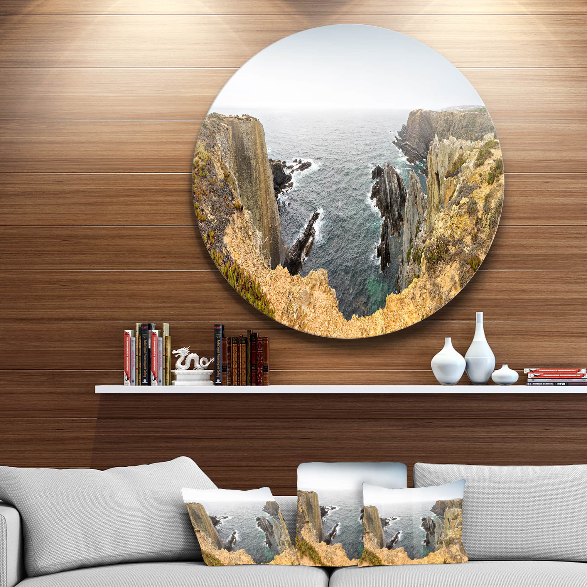 Designart - Rocky Bay Portugal Panorama' Oversized Beach Metal Circle Wall Art