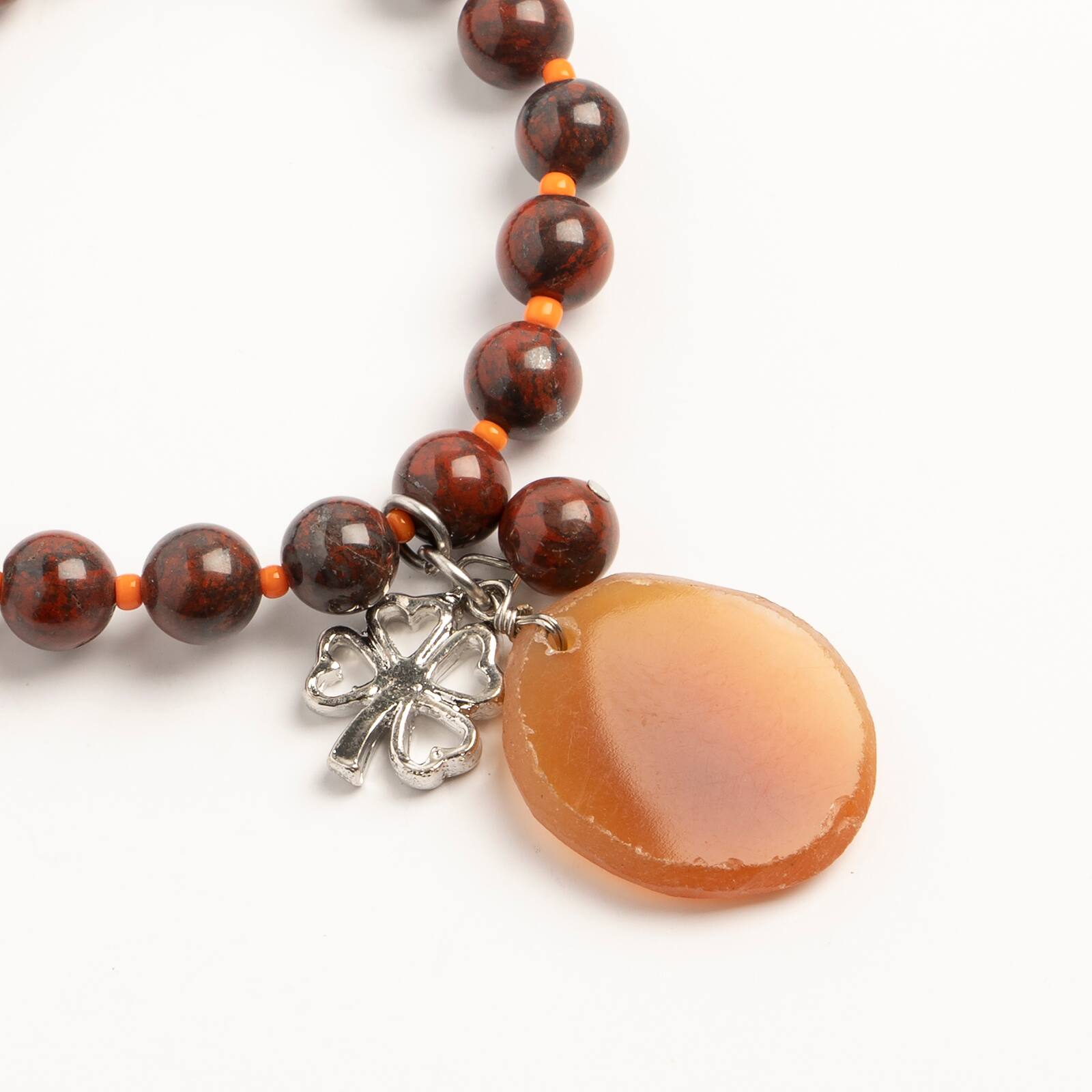 John Bead Red Jasper Stretch Bracelet with Agate &#x26; Clover Charms
