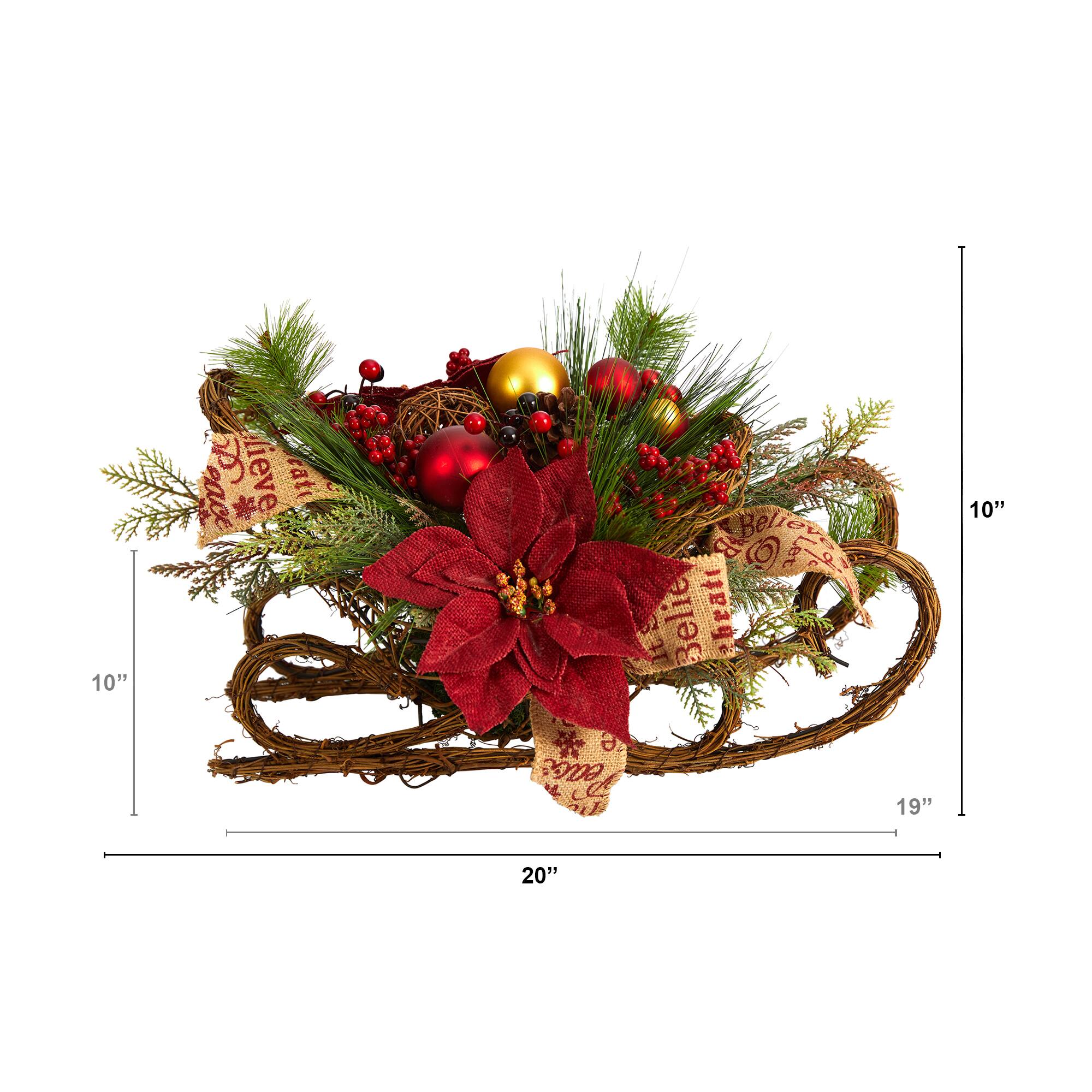 18" Christmas Sleigh with Poinsettia, Berries & Pinecone Artificial Arrangement with Ornaments
