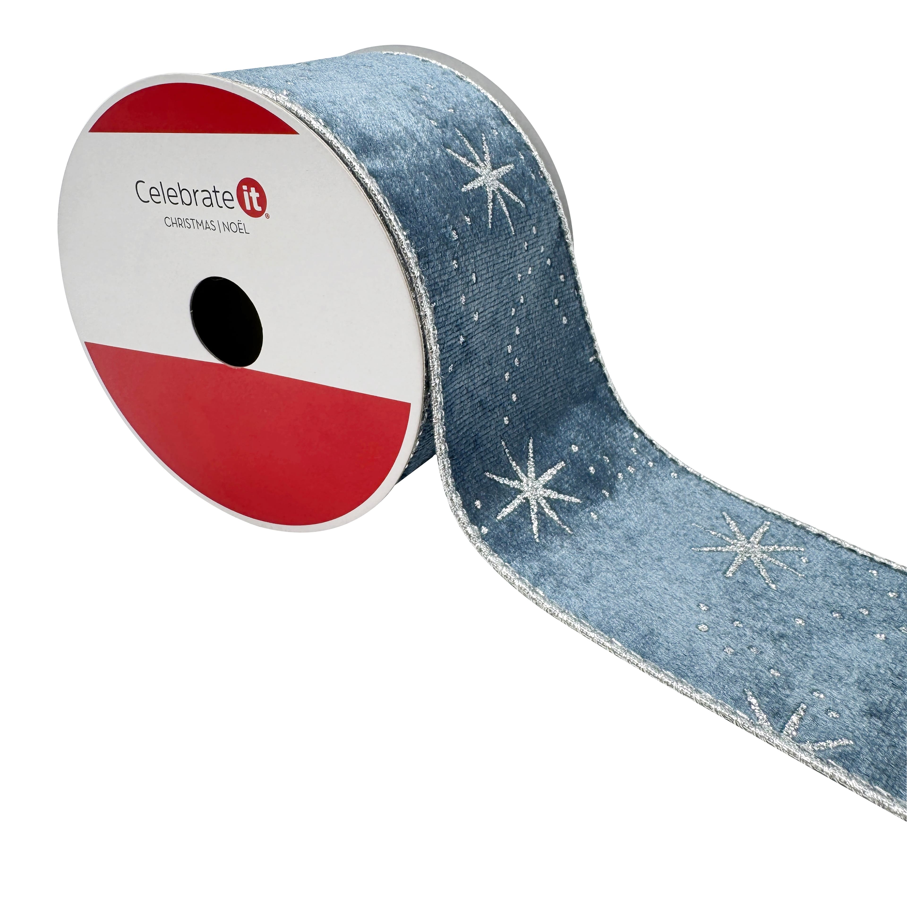 2.5&#x22; x 20ft. Silver Starburst on Blue Wired Velvet Ribbon by Celebrate It&#xAE;