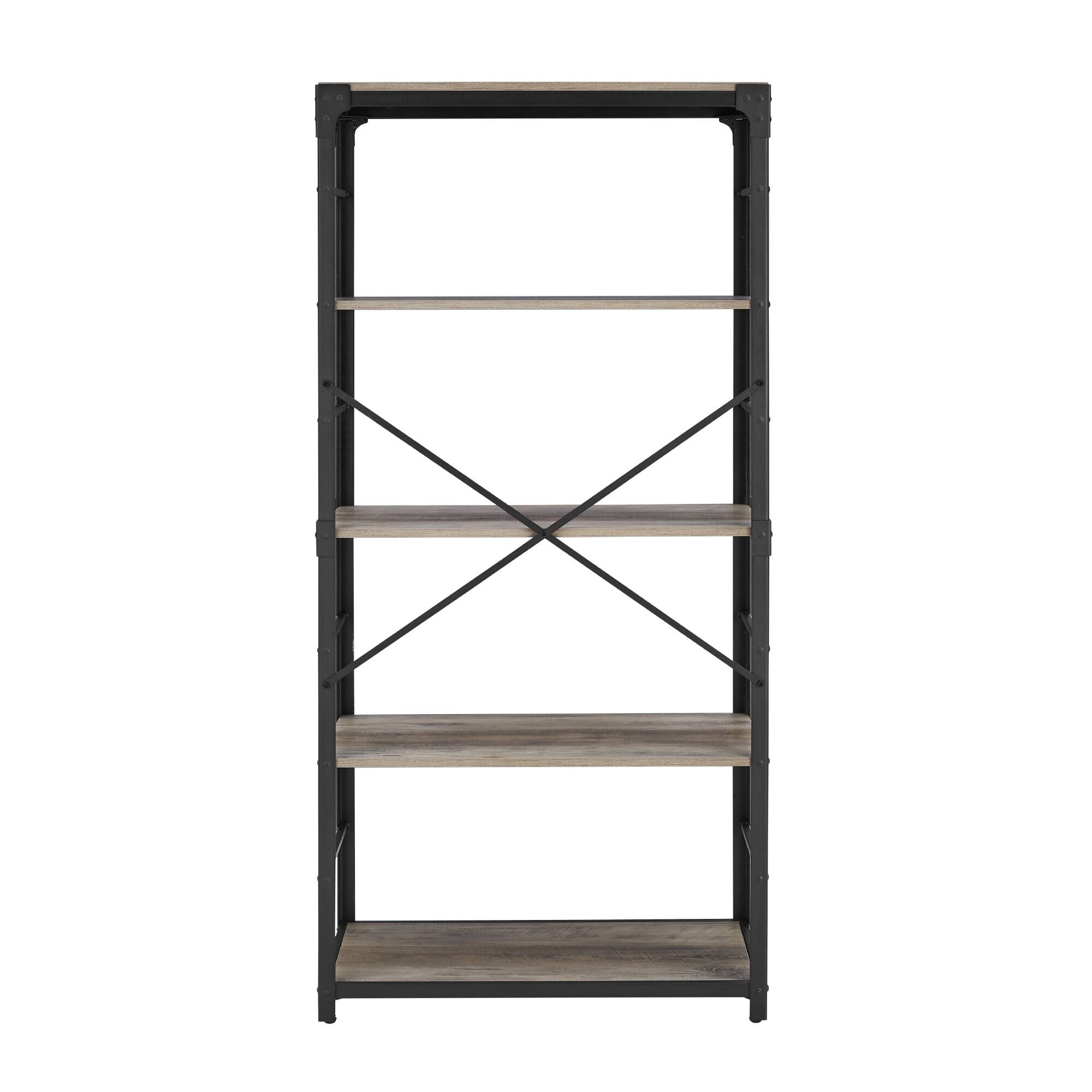 Walker Edison 64&#x22; Graywash Angle Iron Industrial Bookcase